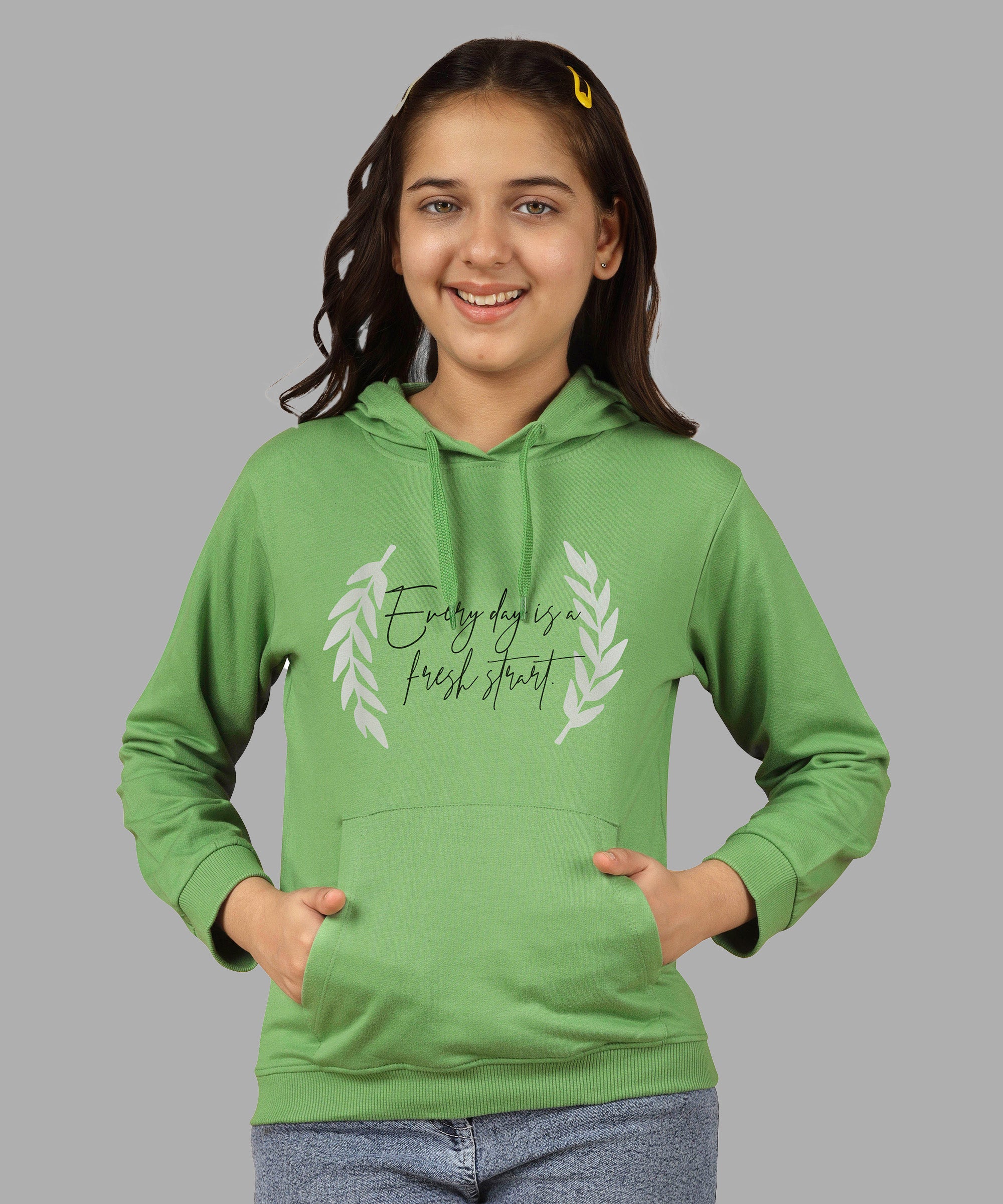 Girls Cotton Hooded Neck Hoodies - Olive Green