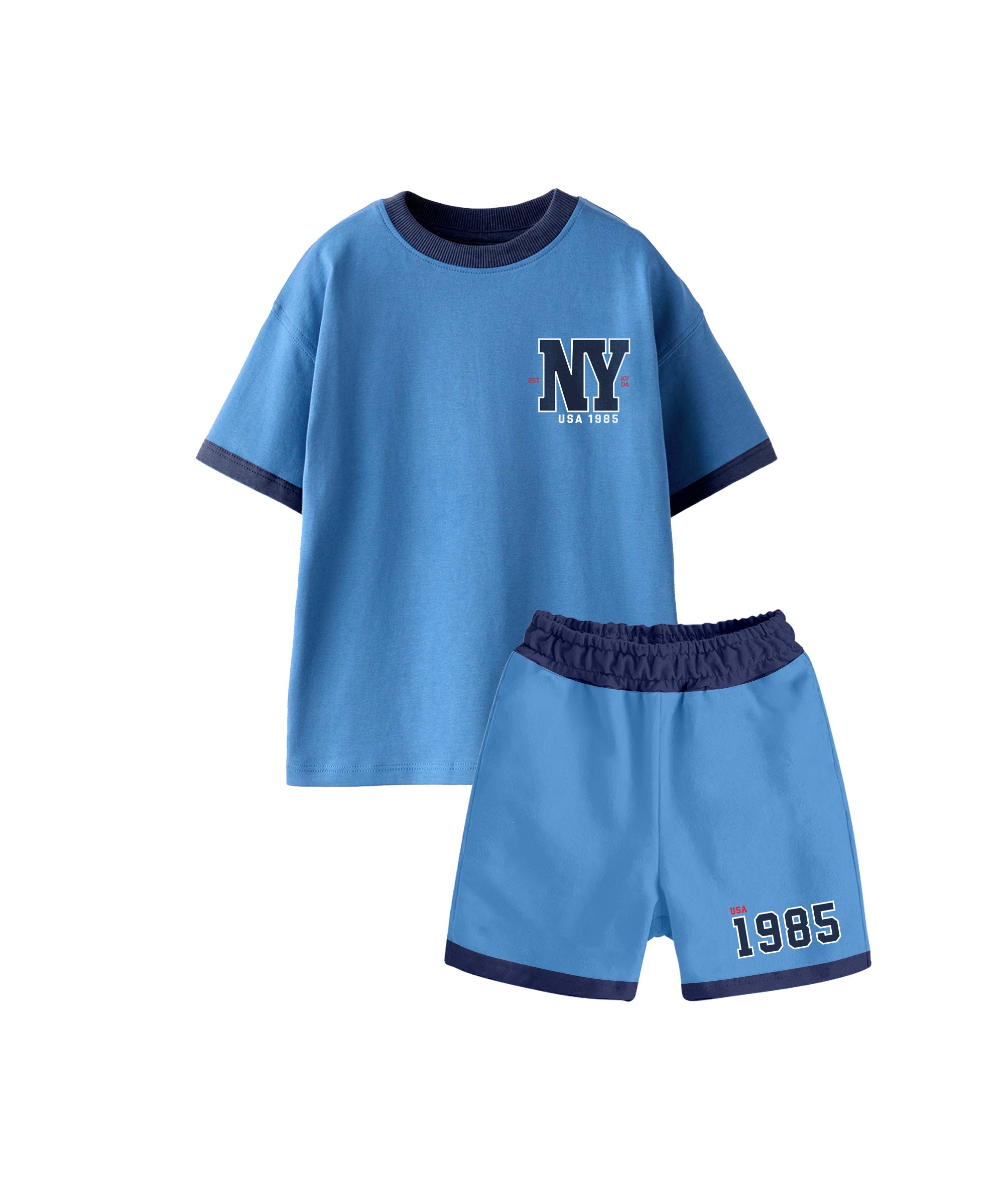 Boy's 100% Pure Cotton Premium Printed Blue Raglan Sleeve Tshirt and Shorts Set