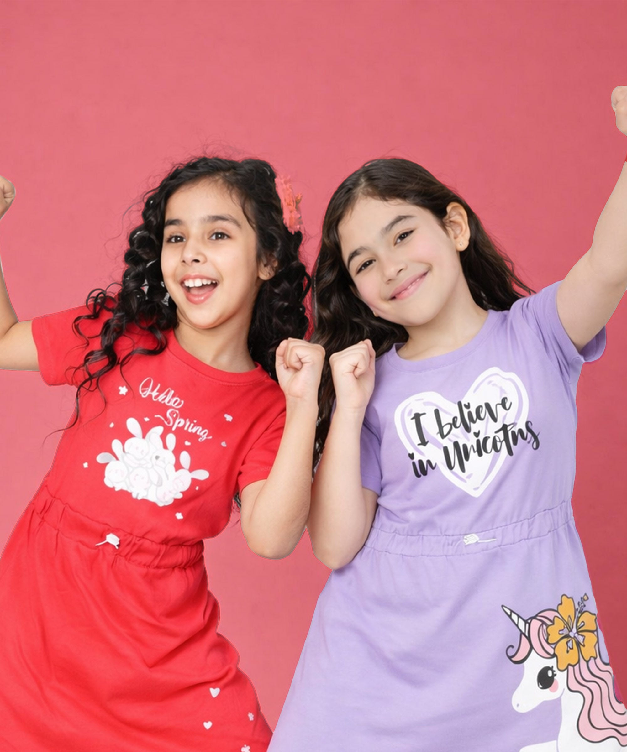 Girls Cotton Printed Long Tops | Regular Fit Round Neck Short Sleeve - Pack of 2