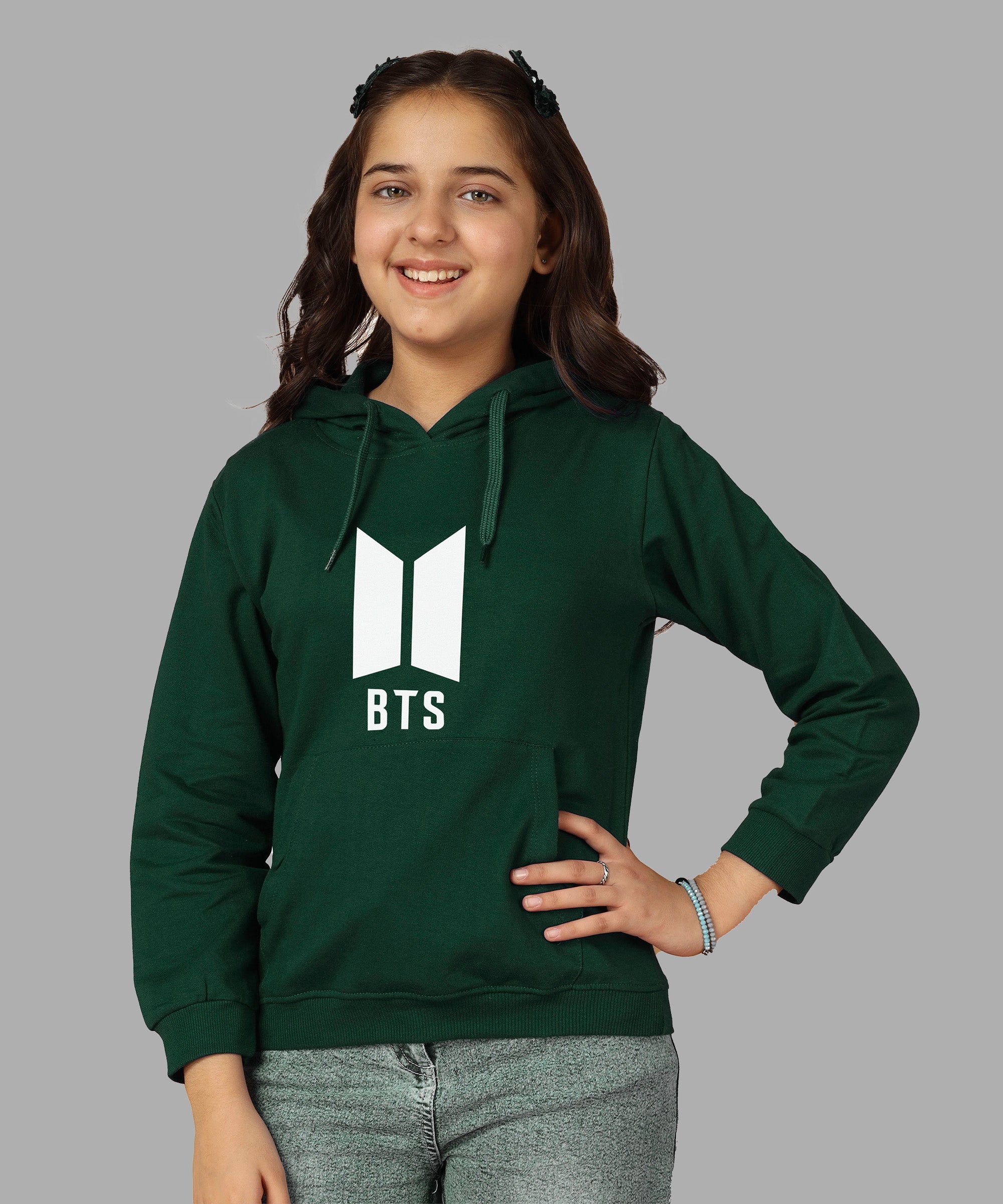 Girls Cotton Hooded Neck Hoodies - Green
