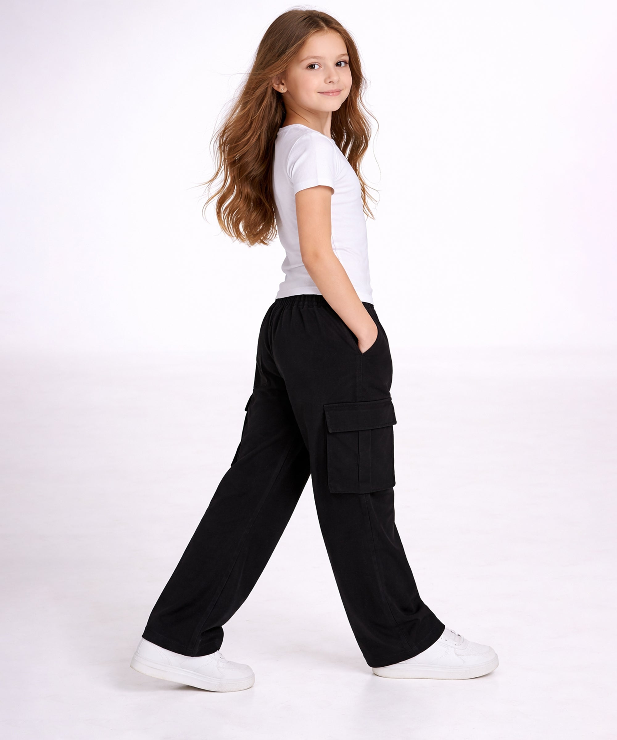 Girls Cotton Elastic Waist Multi-Pocket Cargo Pants | Korean Style Wide Leg