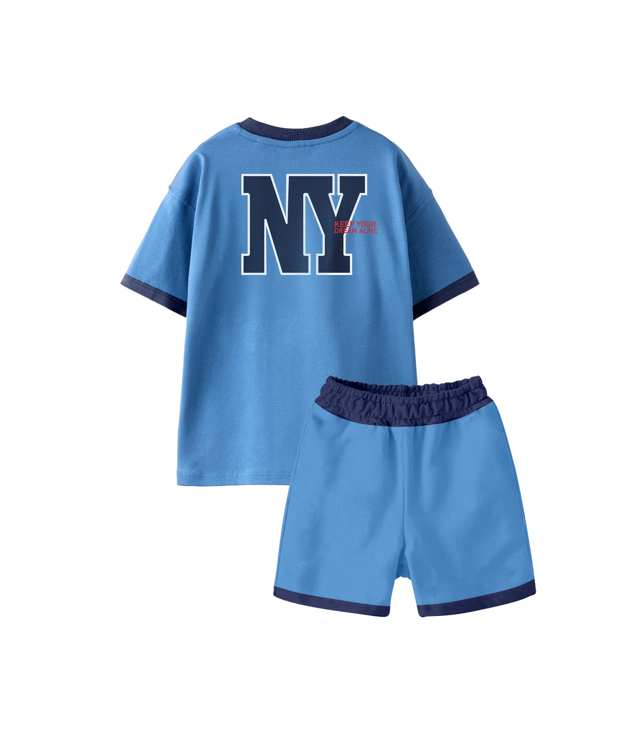 Boy's 100% Pure Cotton Premium Printed Blue Raglan Sleeve Tshirt and Shorts Set