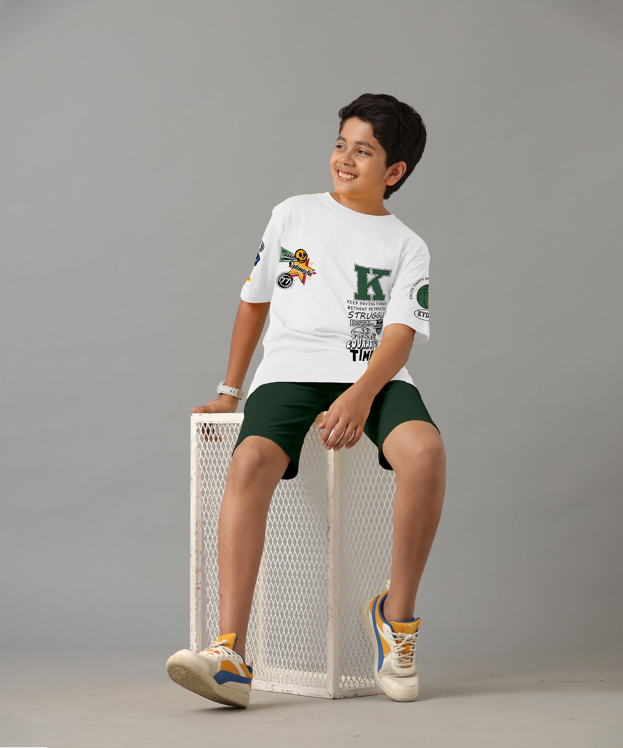 Boy's 100% Pure Cotton Premium Printed White Tshirt and Green Shorts Set