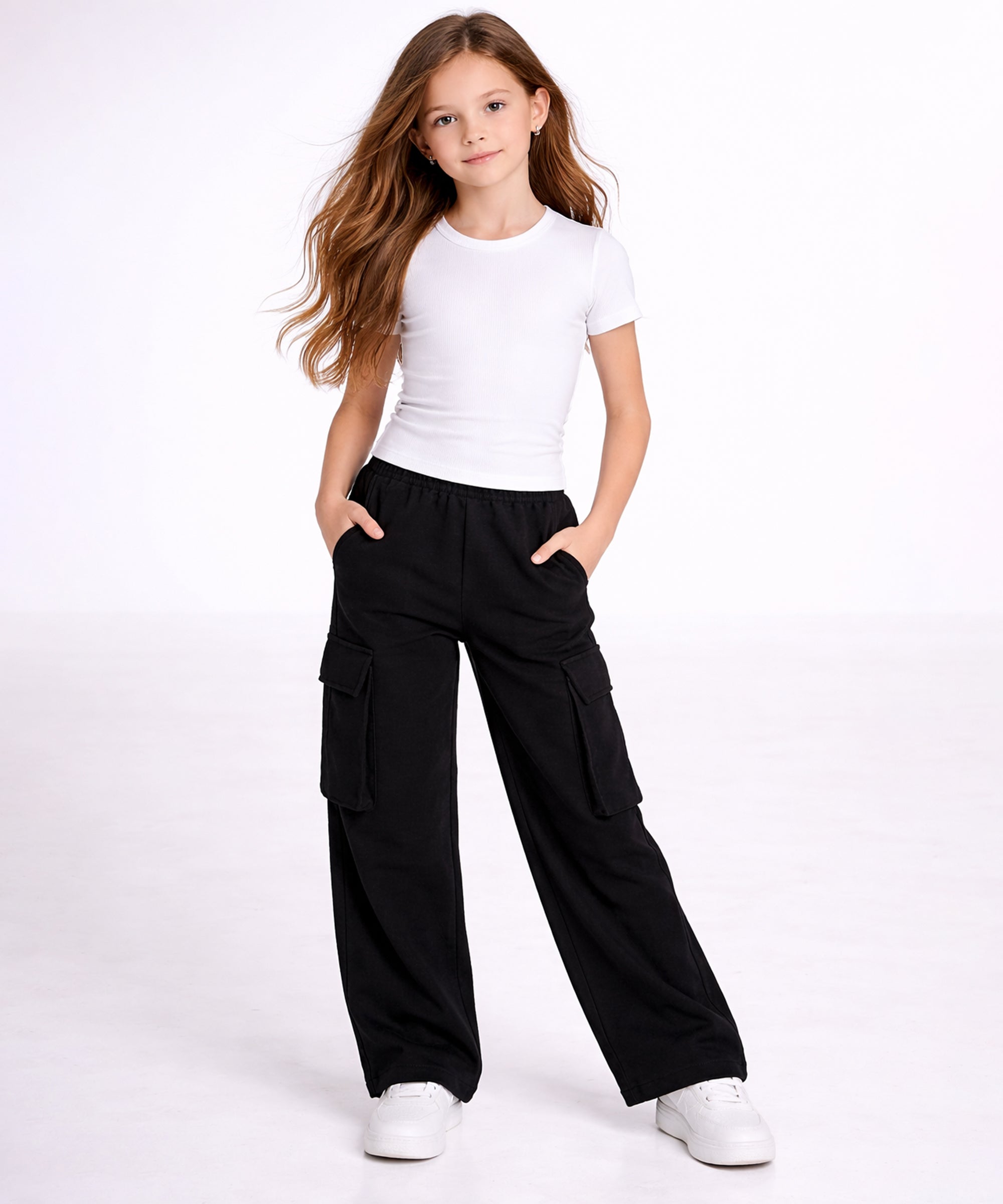 Girls Cotton Elastic Waist Multi-Pocket Cargo Pants | Korean Style Wide Leg