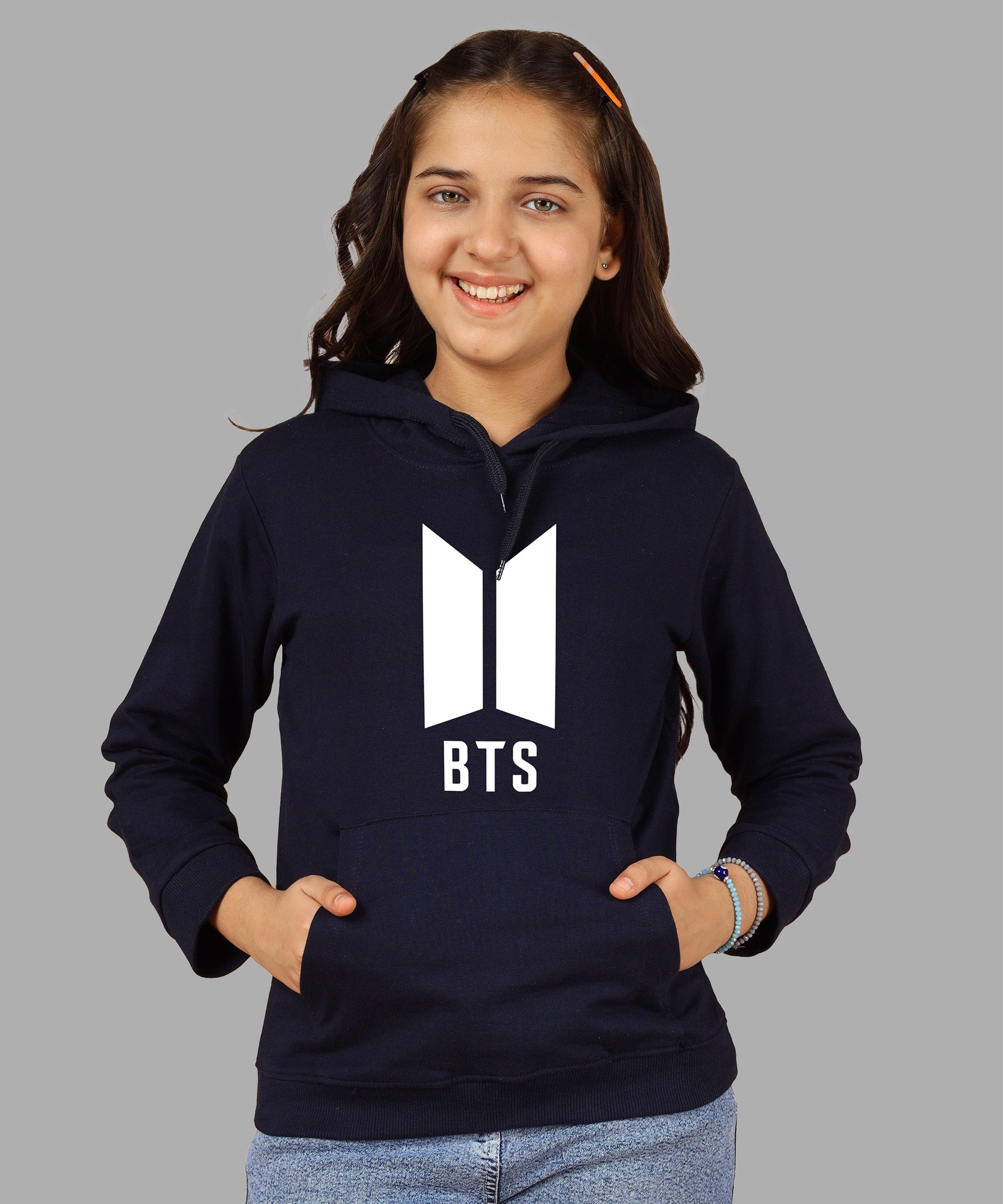 Girls Cotton Hooded Neck Hoodies - Navy