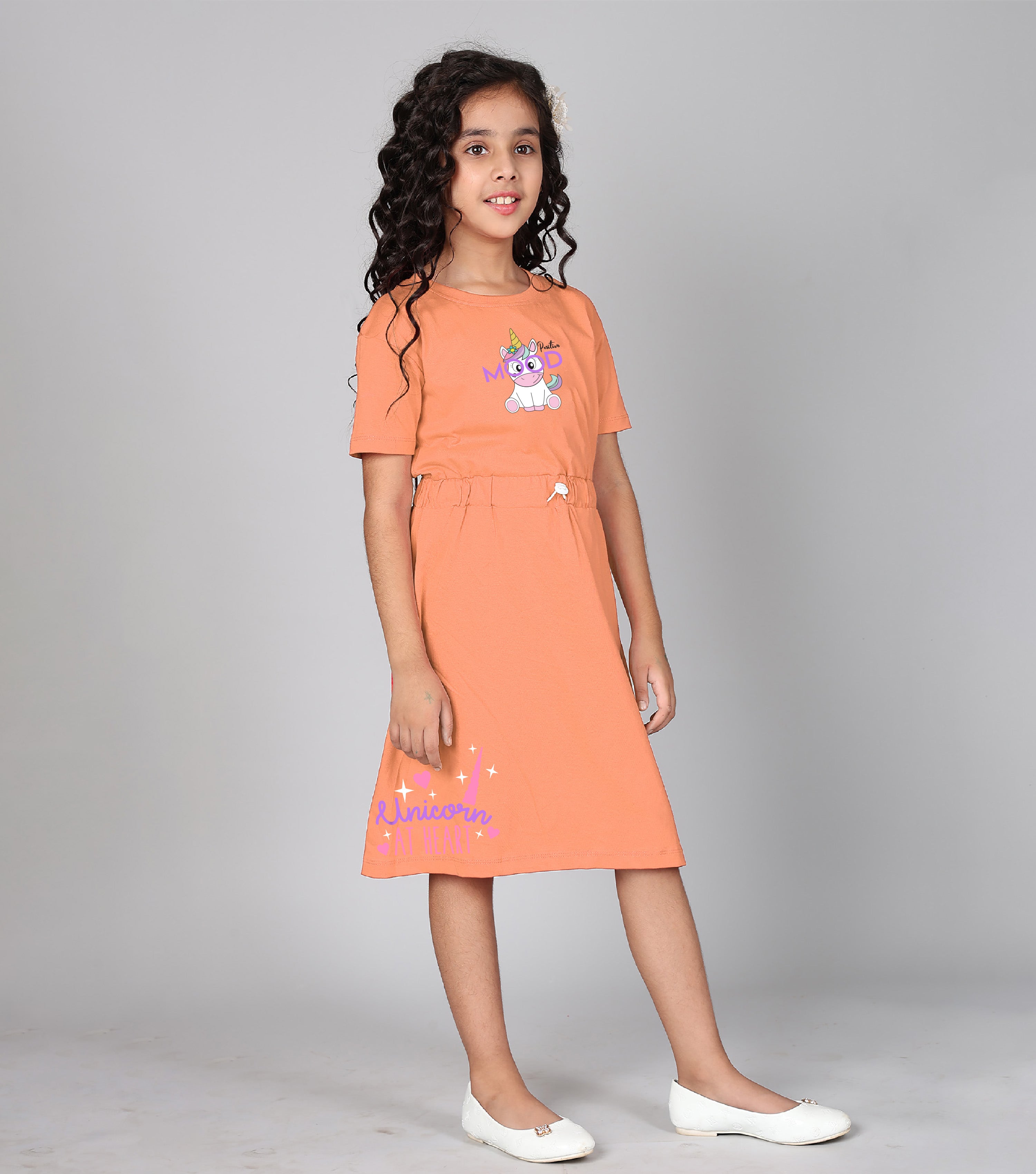 100% Pure Cotton Printed Round Neck Regular fit Short Sleeve Long Top for Girls-Light Orange