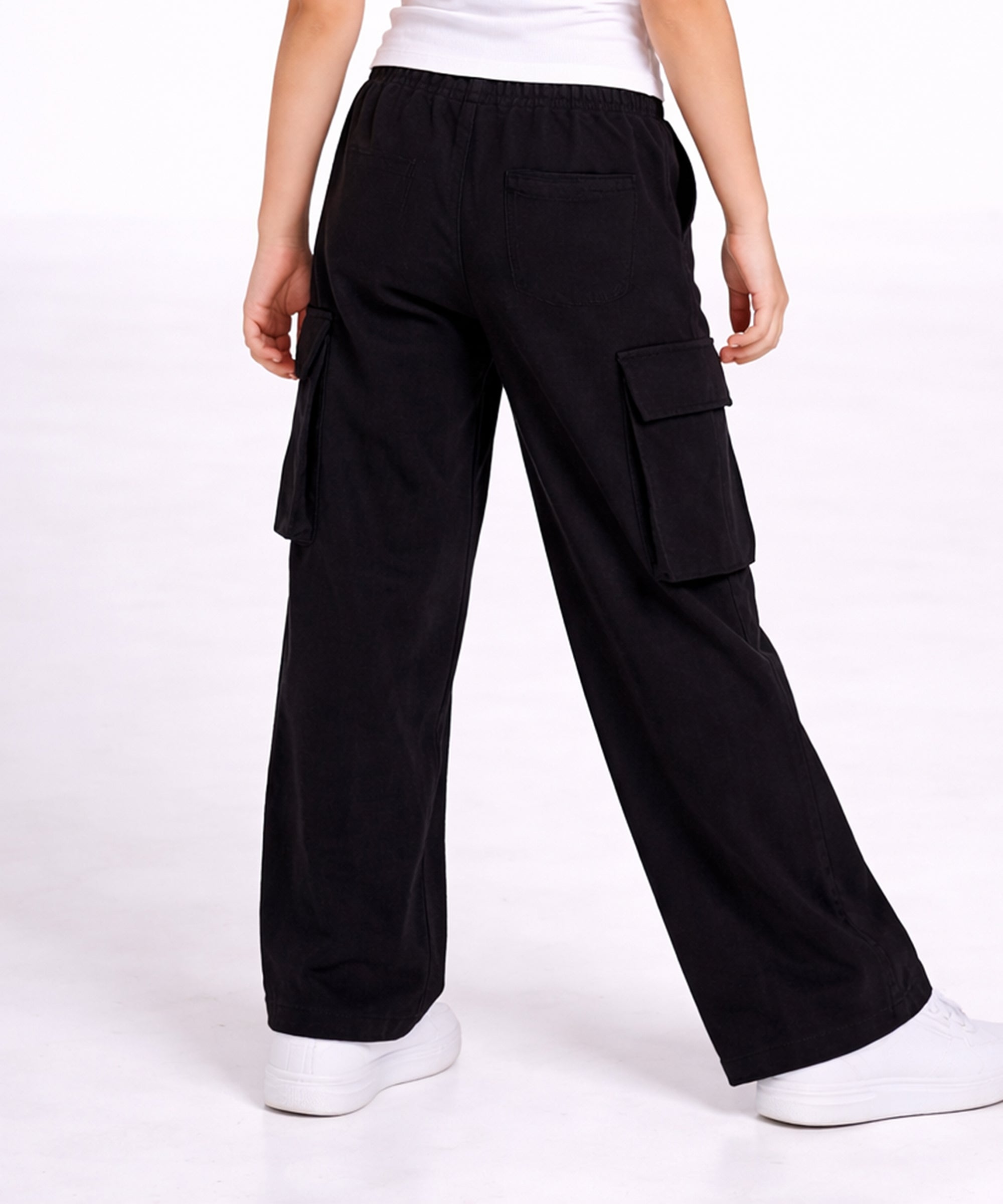 Girls Cotton Elastic Waist Multi-Pocket Cargo Pants | Korean Style Wide Leg