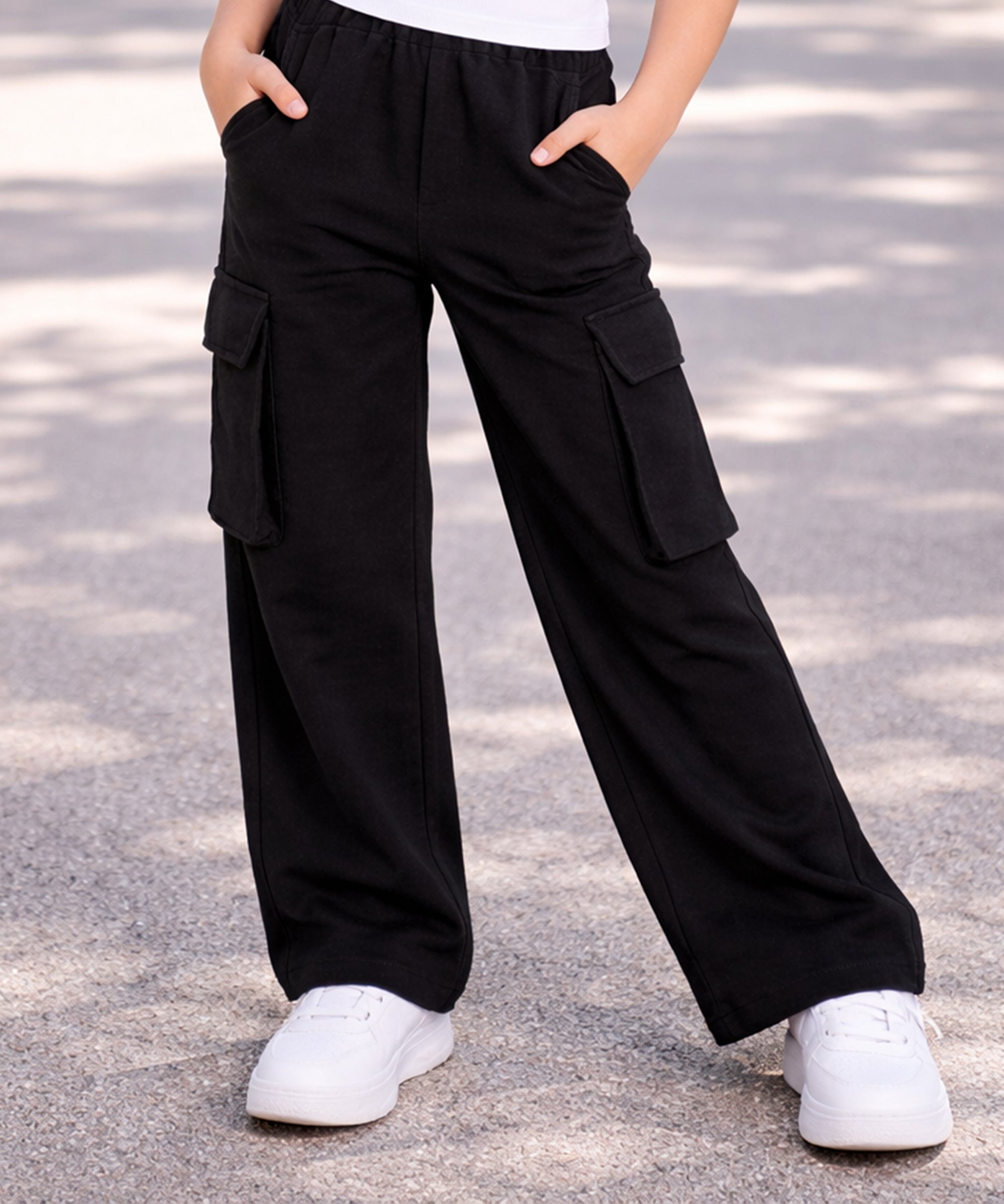 Girls Cotton Elastic Waist Multi-Pocket Cargo Pants | Korean Style Wide Leg