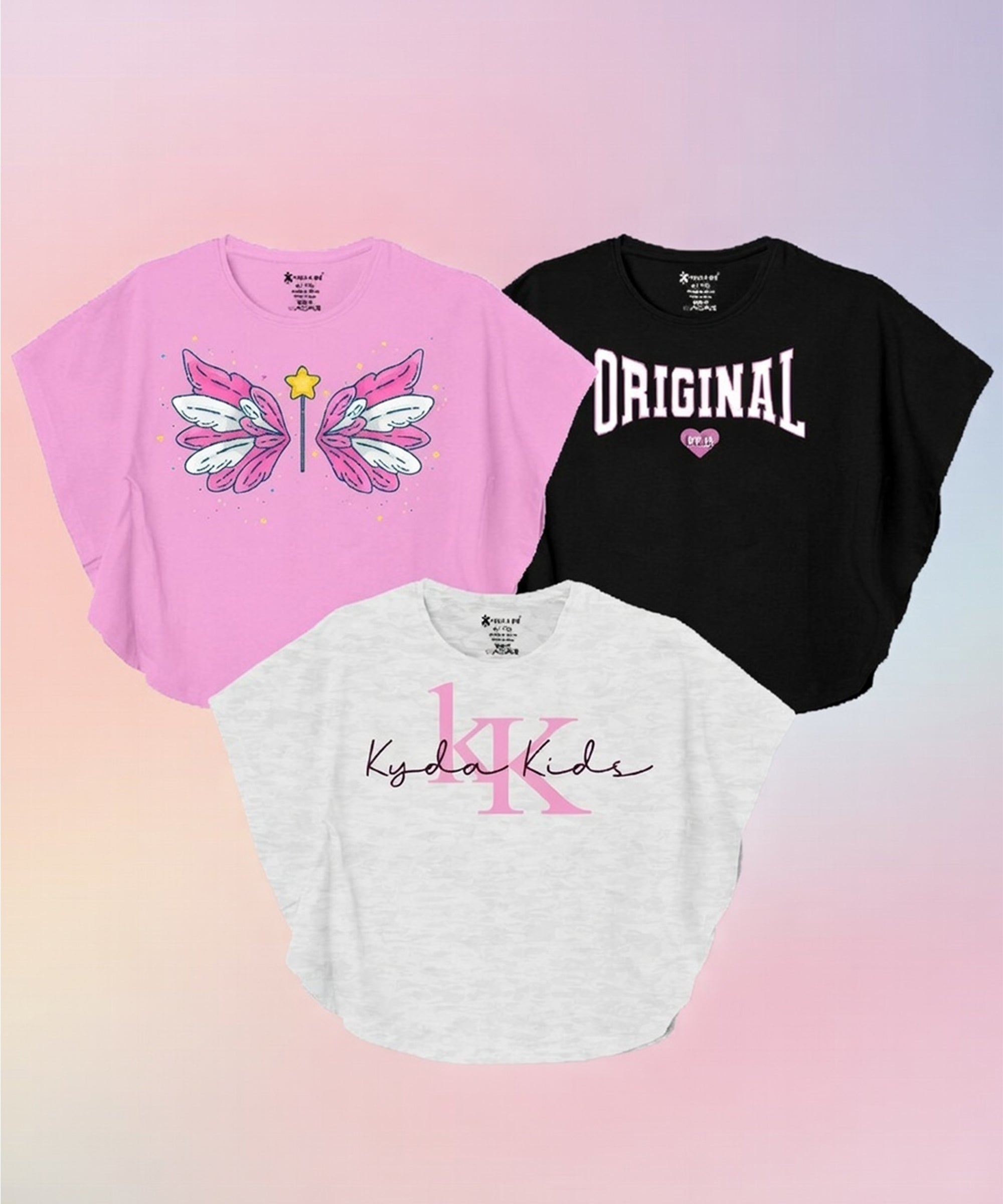 100% Cotton Bio-Washed Premium Printed T-Shirts for Girls – Butterfly Pattern Regular Fit Tops-Combo 1