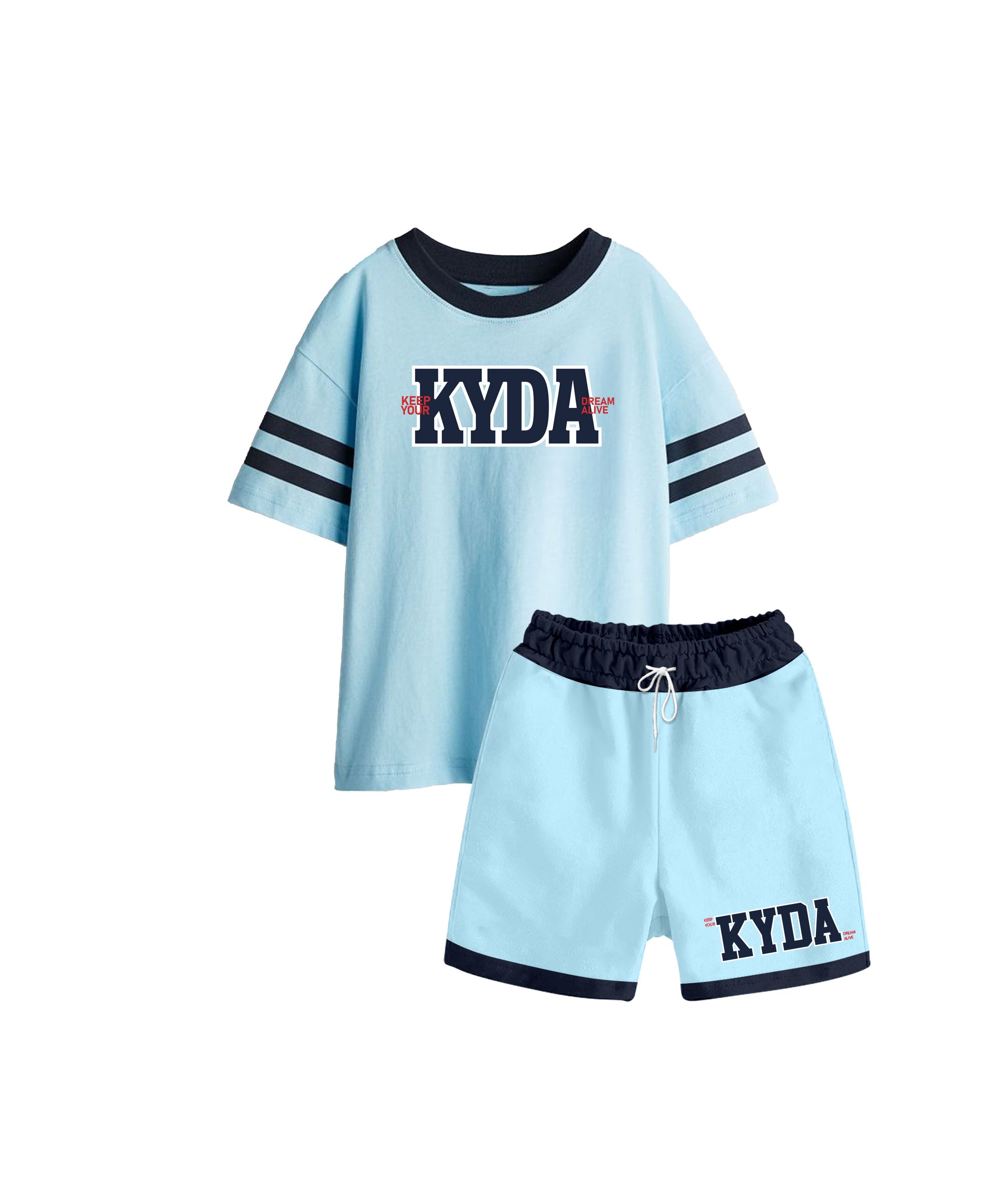Boy's 100% Pure Cotton Premium Printed Light Blue Raglan Sleeve Tshirt and Shorts Set