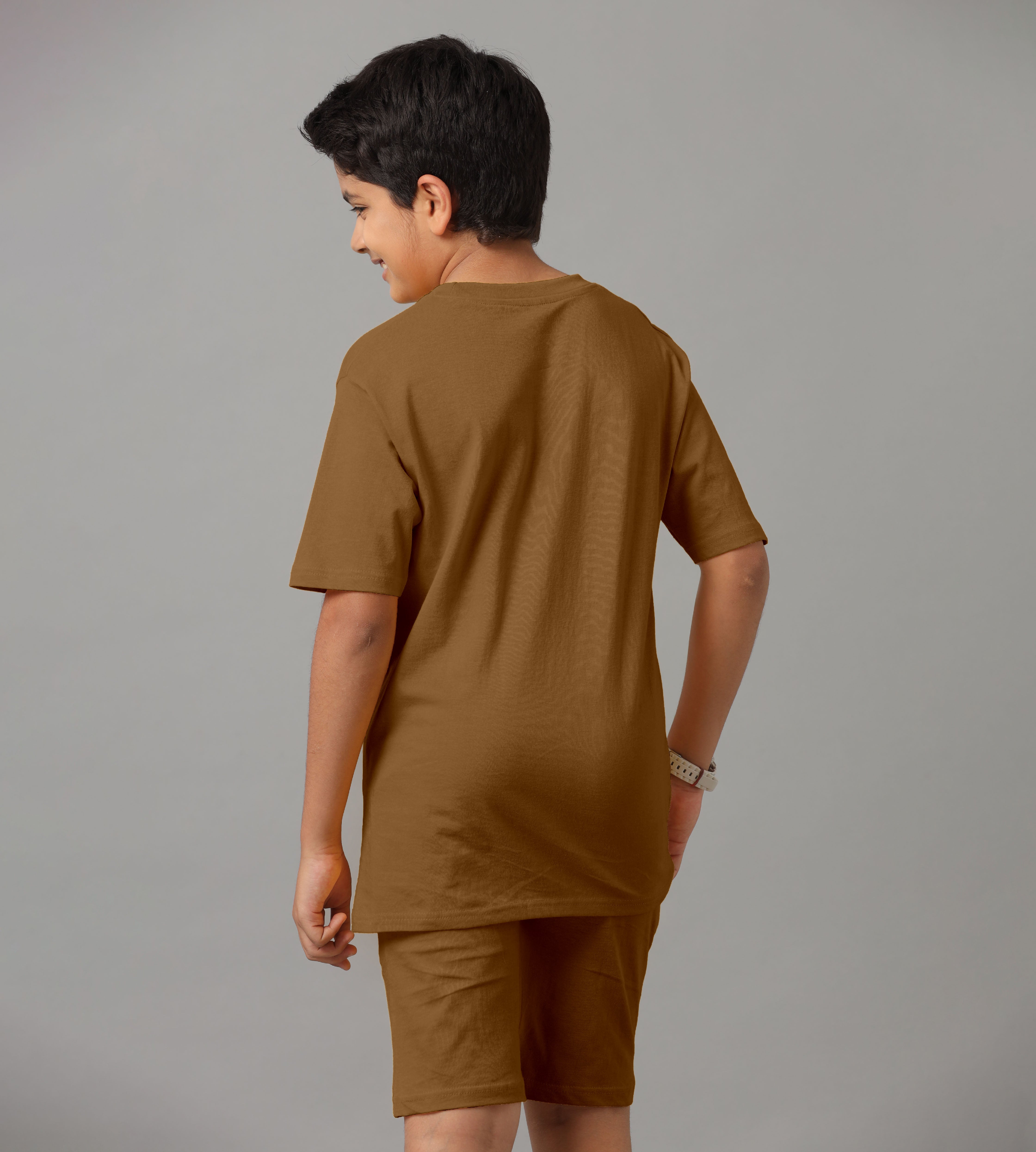 Boy's 100% Pure Cotton Premium Printed Coffee Brown Tshirt and Shorts Set