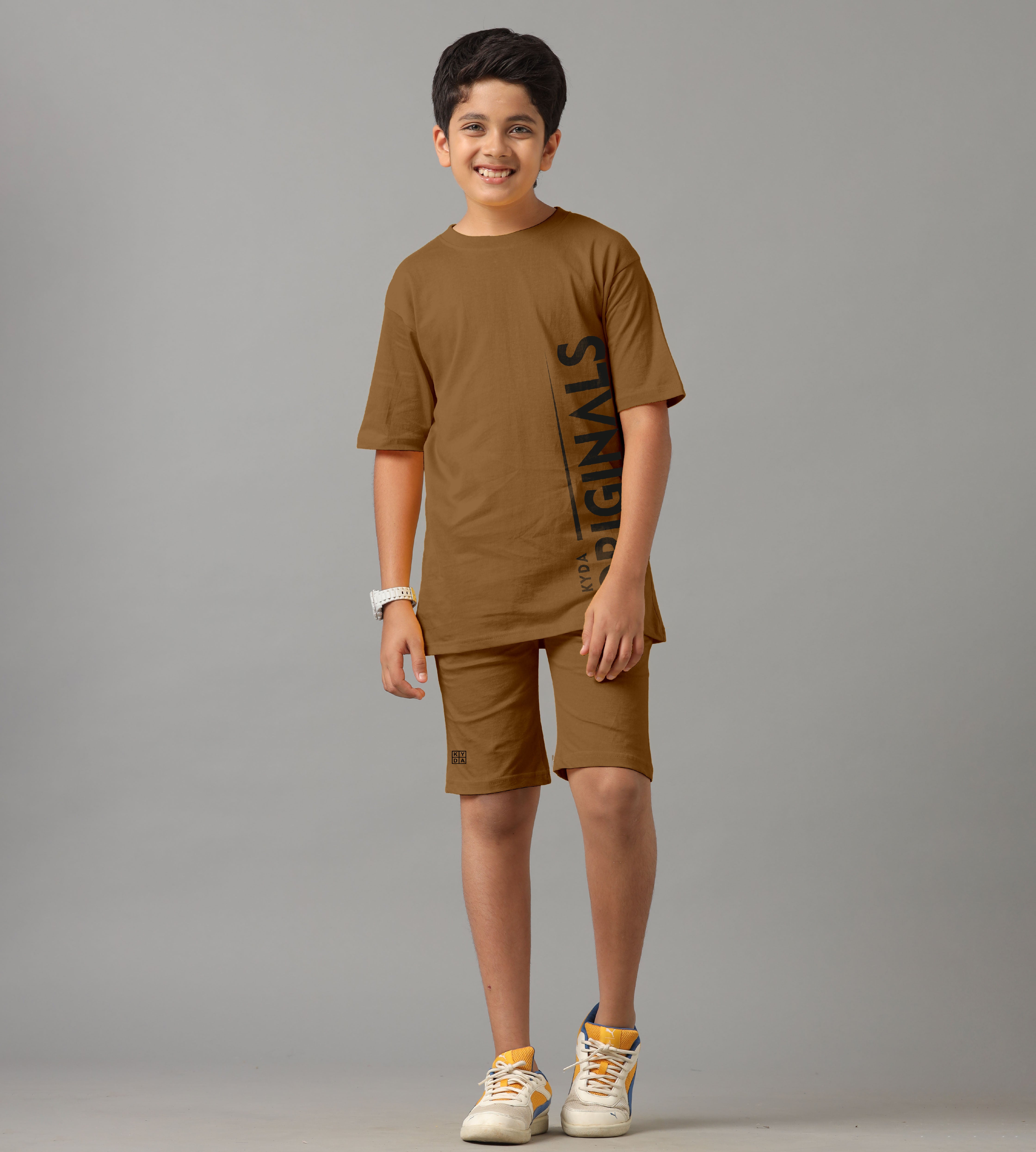 Boy's 100% Pure Cotton Premium Printed Coffee Brown Tshirt and Shorts Set