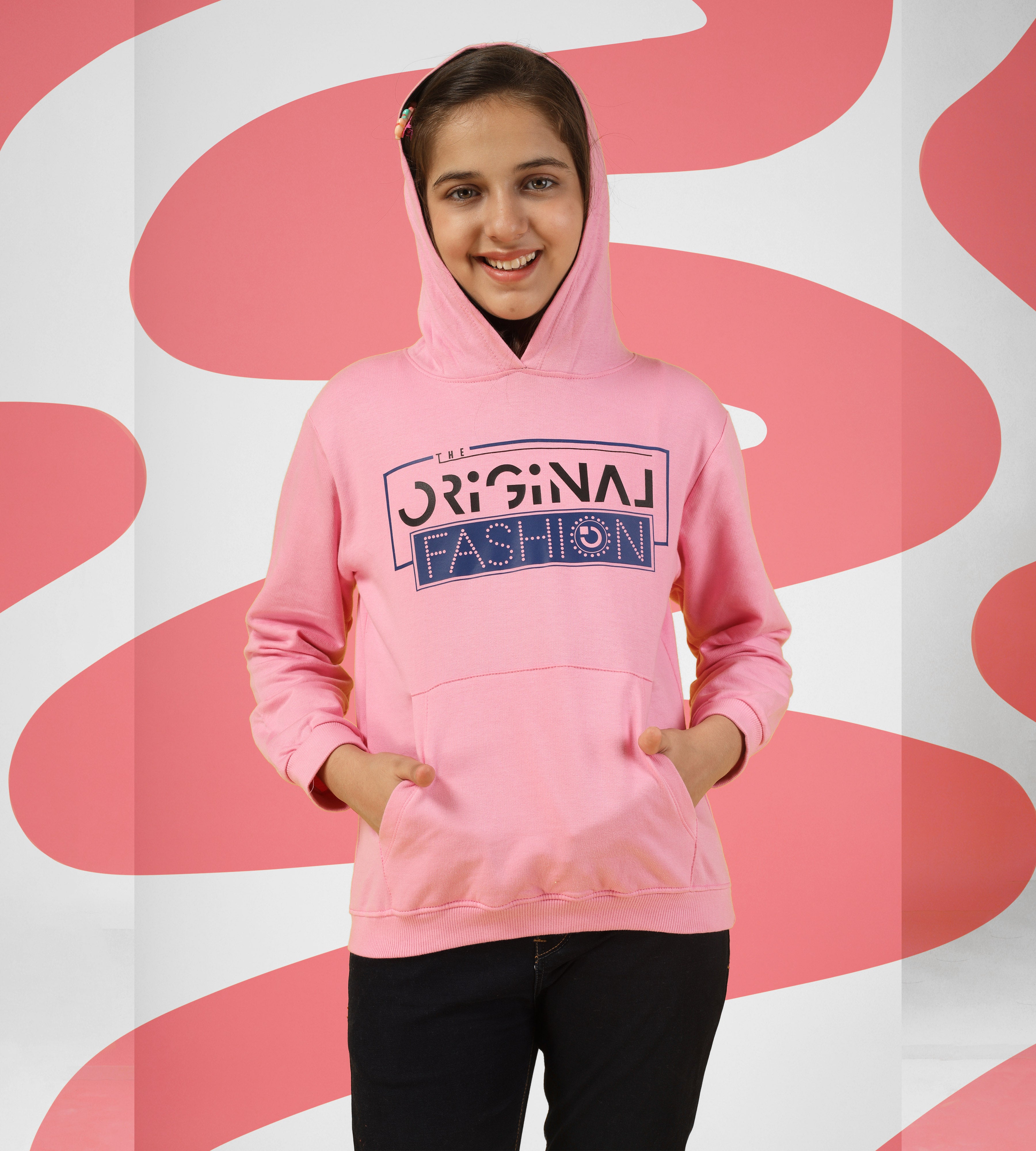 KYDA KIDS® Girl's Regular Fit Cotton Hooded Neck Sweatshirt with Long Sleeve in Pink