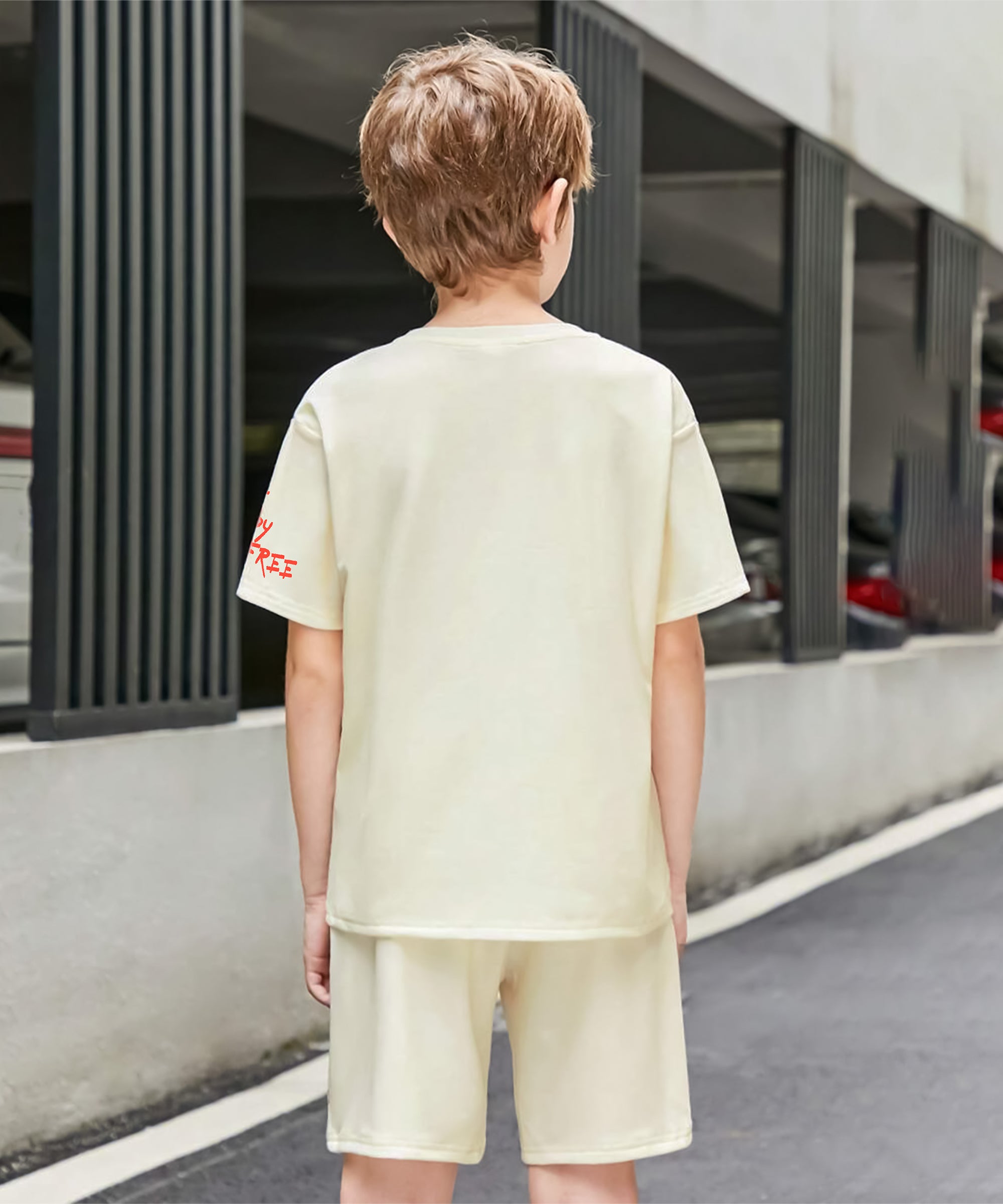 Boy's 100% Pure Cotton Premium Printed Cream Tshirt and Shorts Set