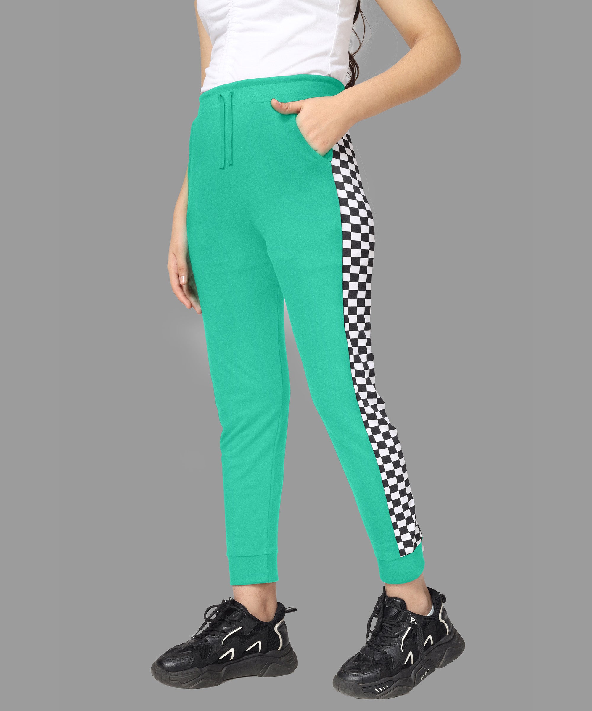 Girls Cotton Printed Track Pants with Pocket - Green