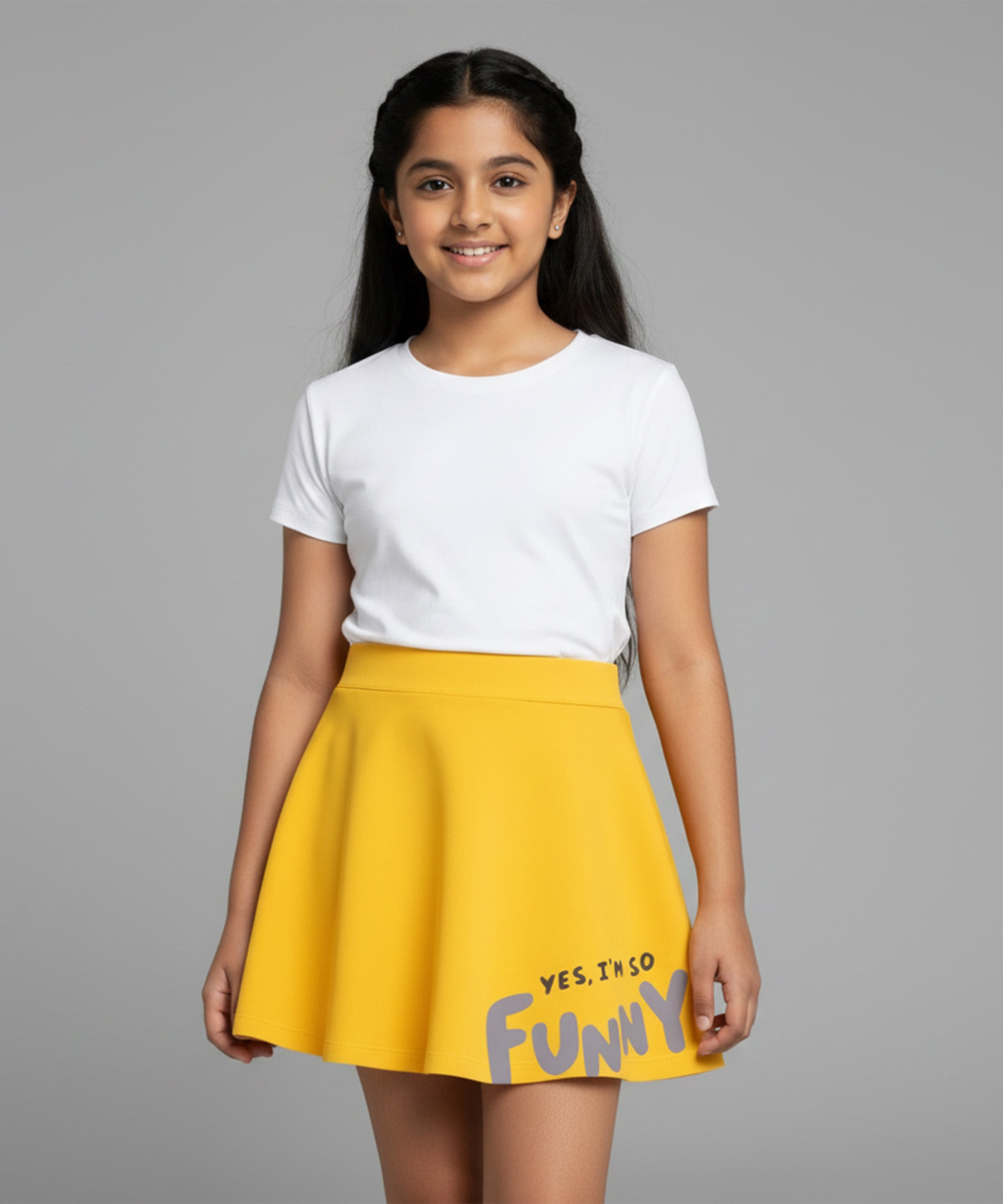 Girls Cotton Printed Skirt Attached With Inner Lycra Shorts-Yellow
