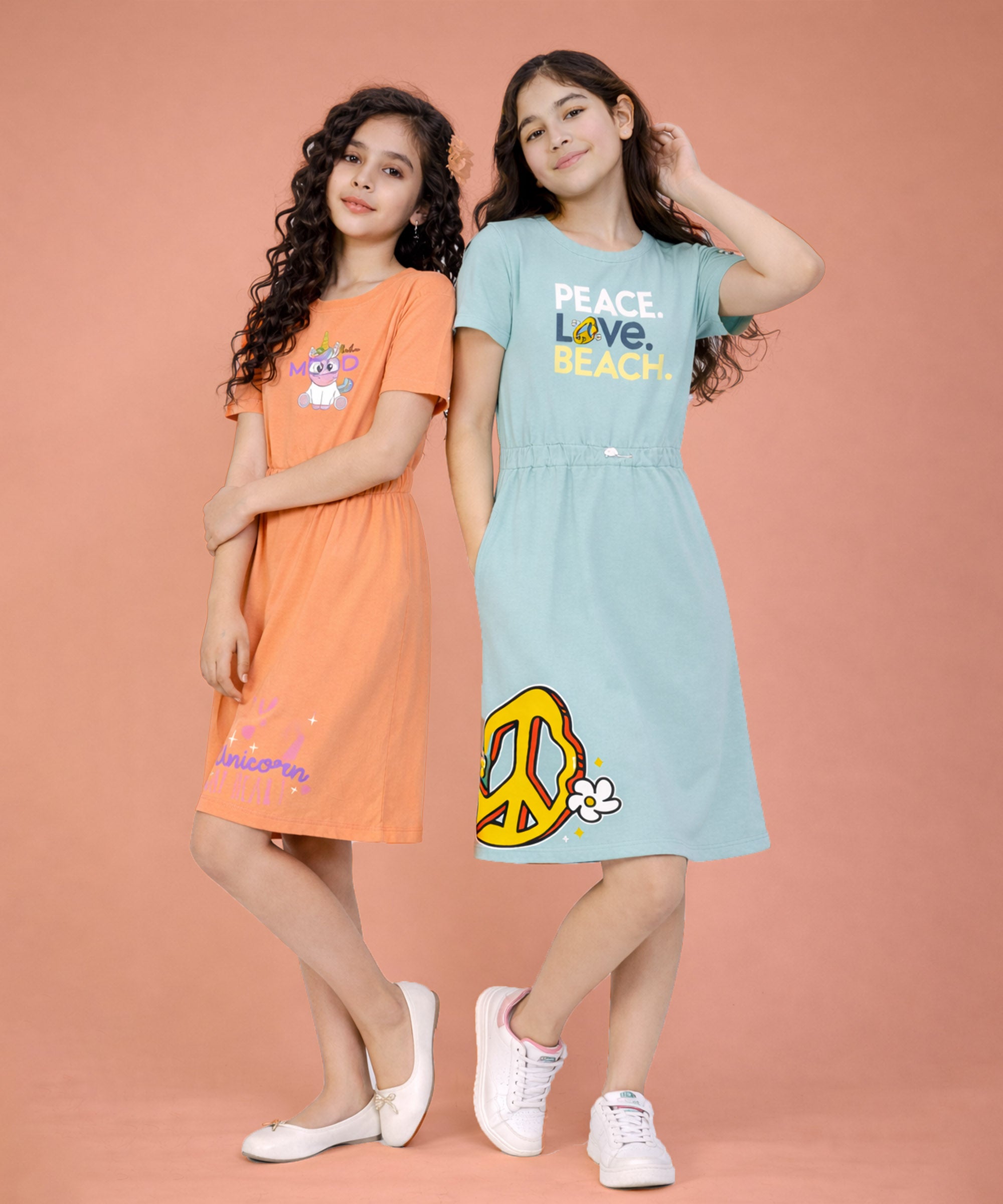 Girls Cotton Printed Long Tops | Regular Fit Round Neck Short Sleeve - Pack of 2