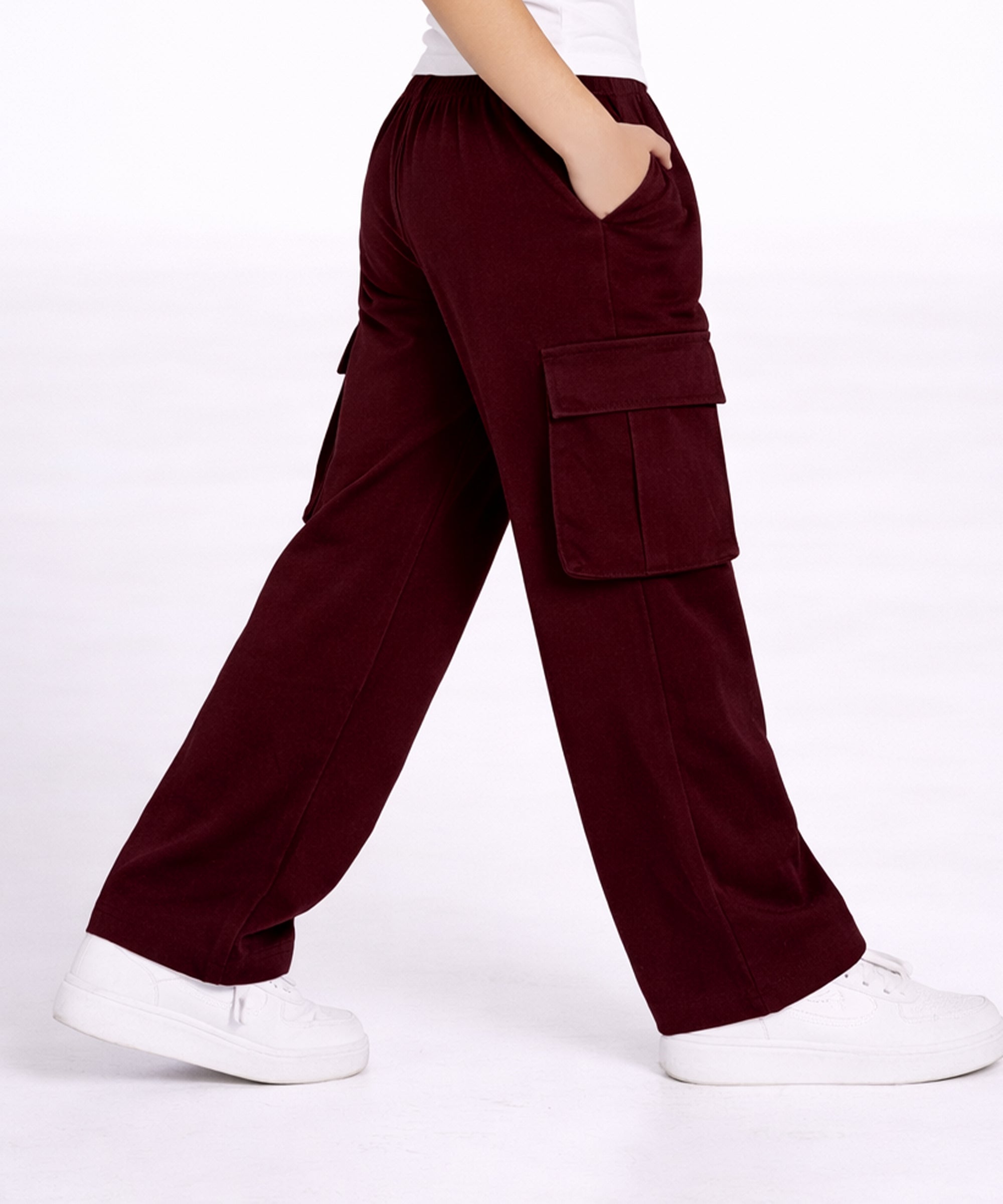 Girls Cotton Elastic Waist Multi-Pocket Cargo Pants | Korean Style Wide Leg