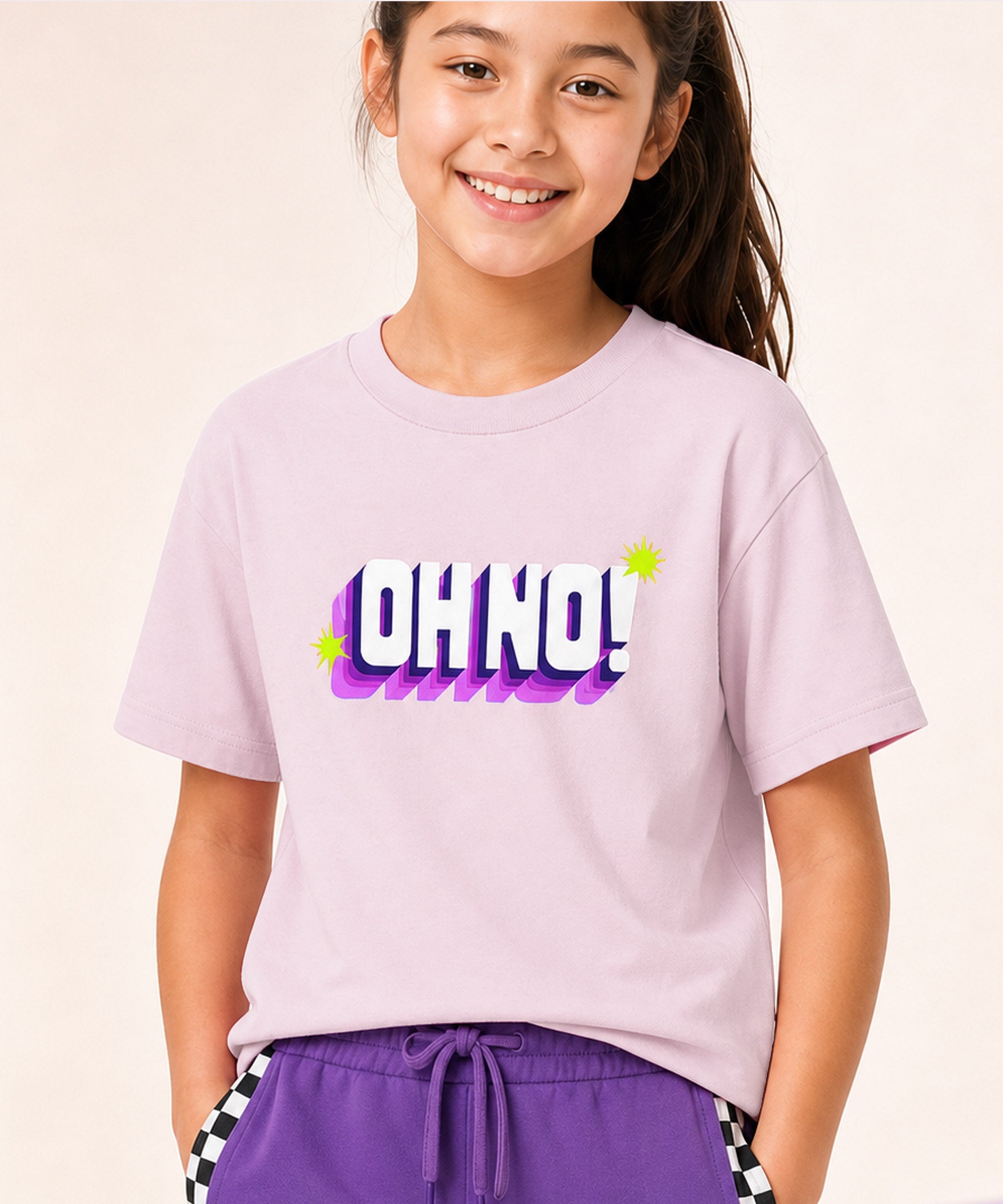 Girls Premium Cotton Light Pink Graphic T-Shirt & Purple Side Stripe Pants Set | Regular Fit