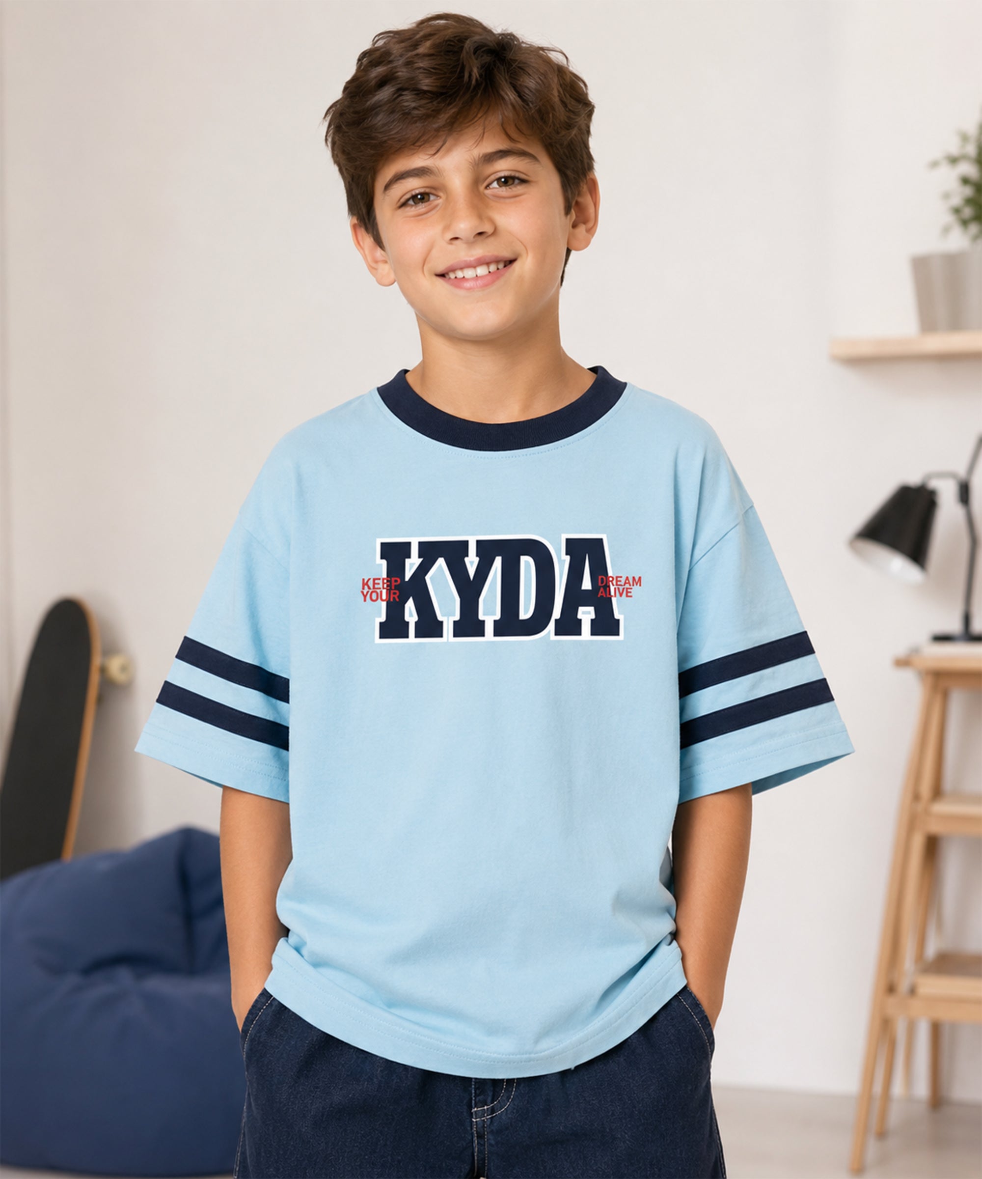 Boys Premium Cotton Oversized Printed T-Shirt | Sky Blue