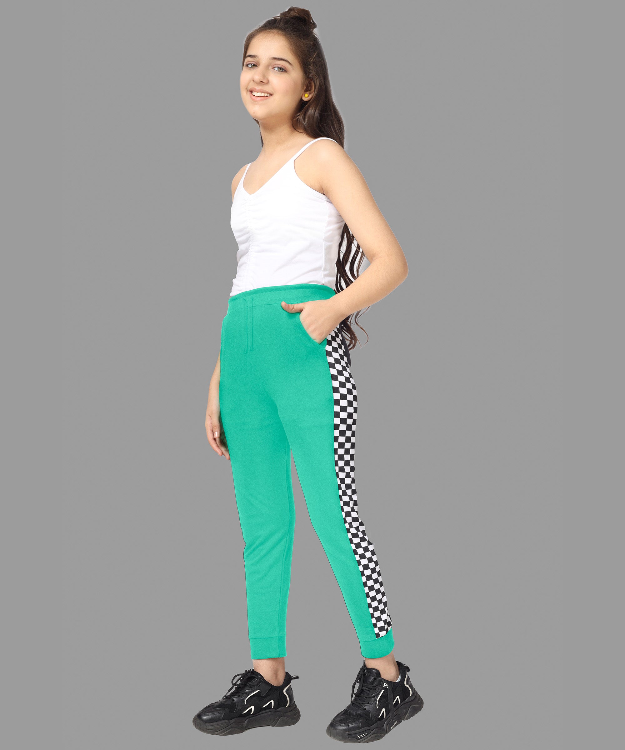 Girls Cotton Printed Track Pants with Pocket - Green