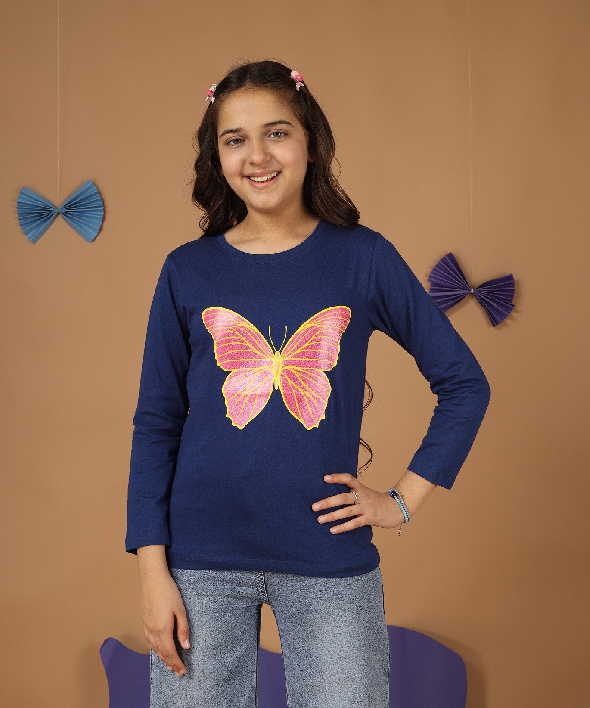 Girls Printed Full Sleeve Premium T-shirt | Navy