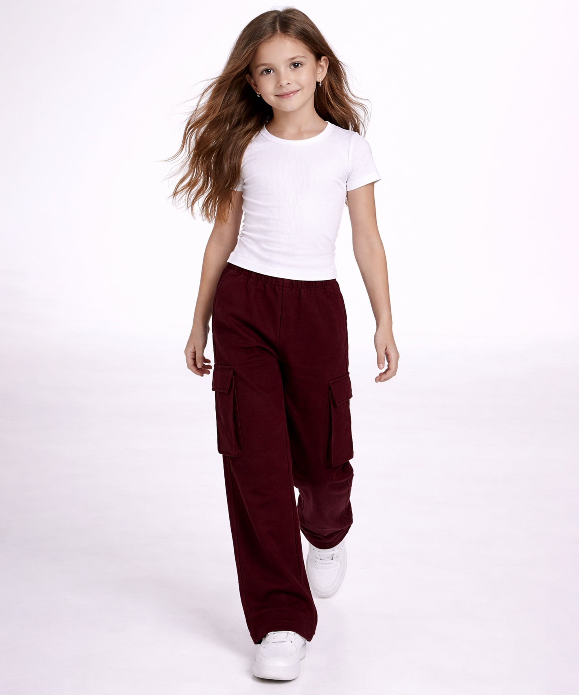 Girls Cotton Elastic Waist Multi-Pocket Cargo Pants | Korean Style Wide Leg