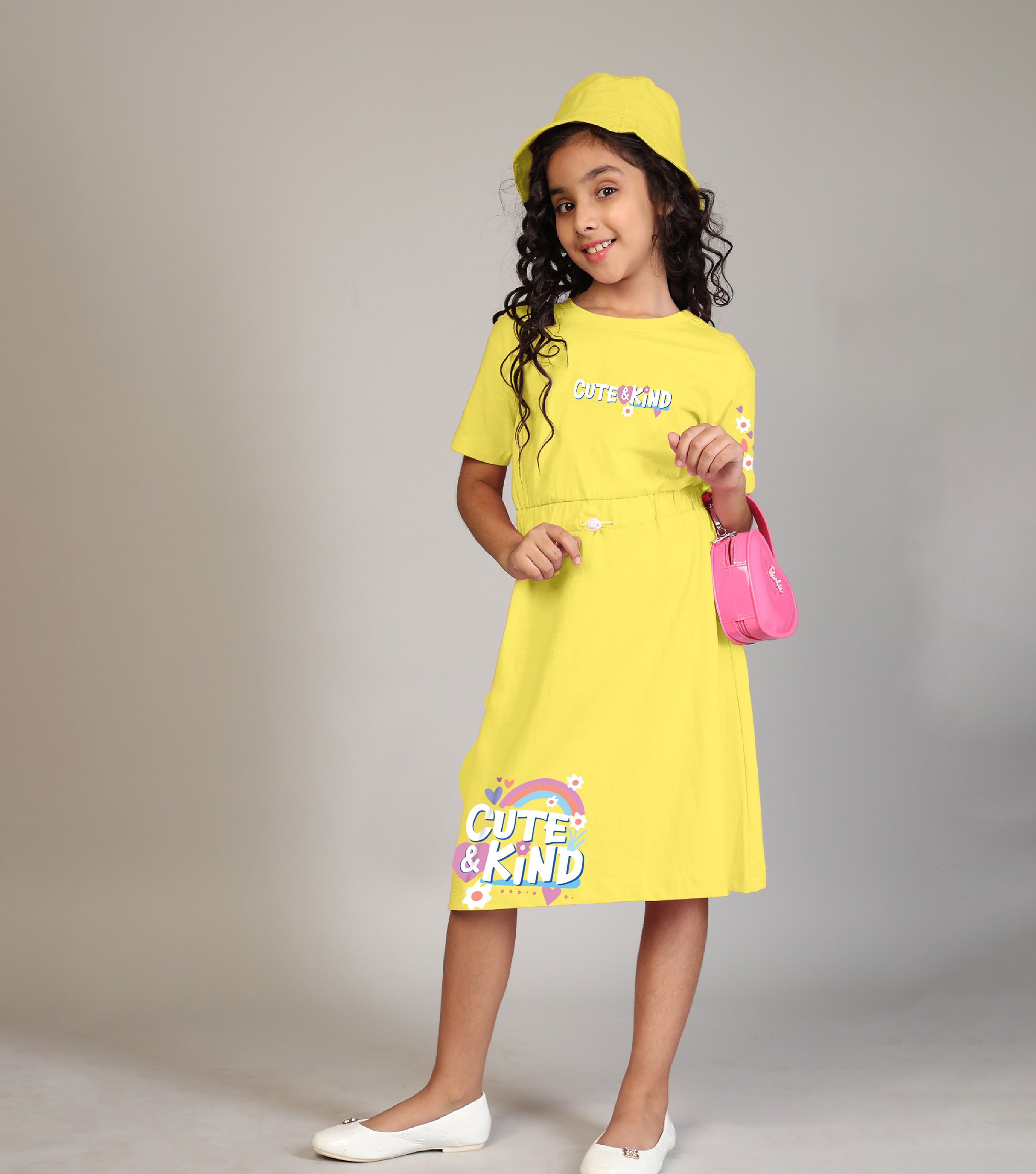 100% Pure Cotton Printed Round Neck Regular fit Short Sleeve Long Top for Girls-Light Yellow