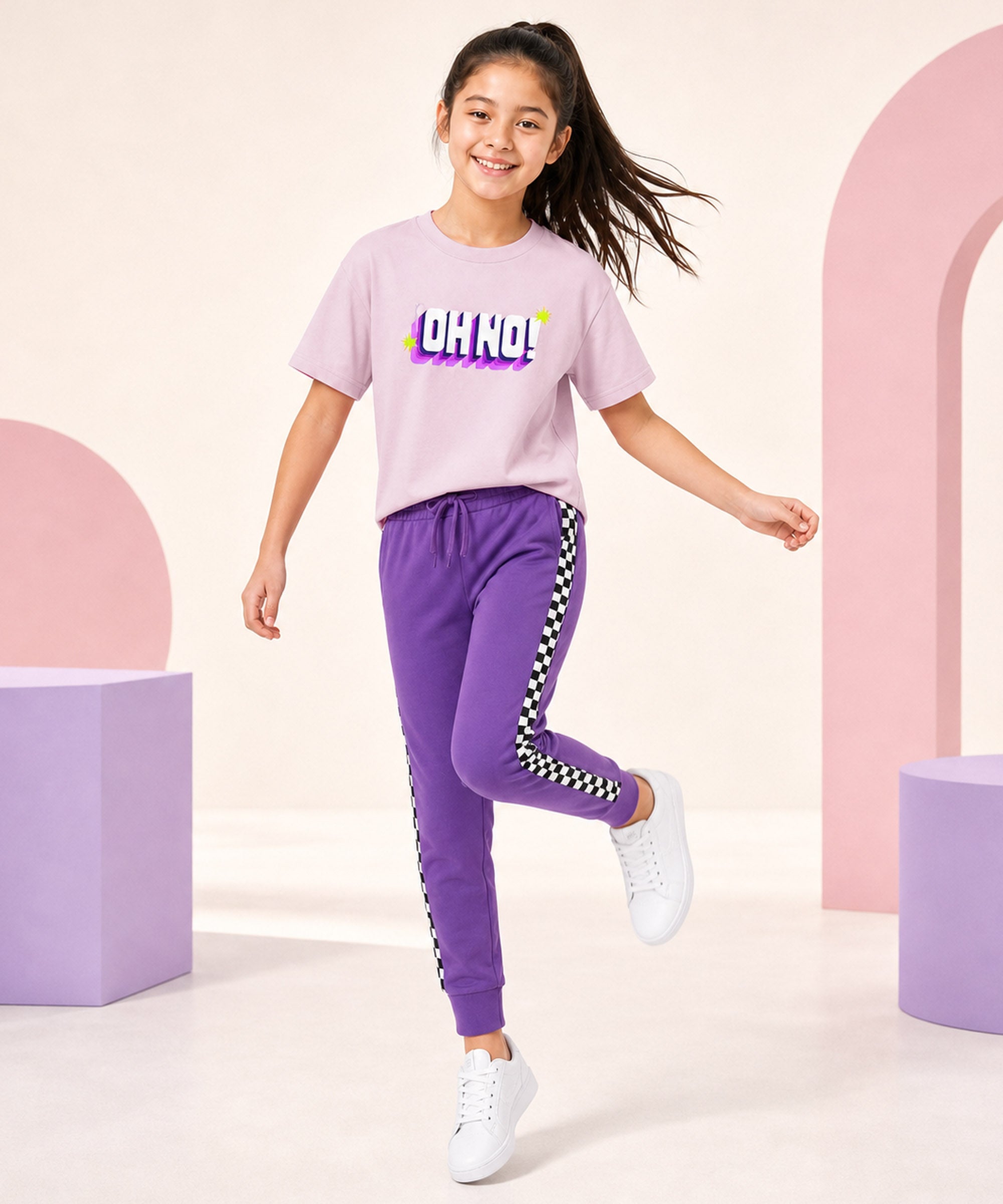Girls Premium Cotton Light Pink Graphic T-Shirt & Purple Side Stripe Pants Set | Regular Fit