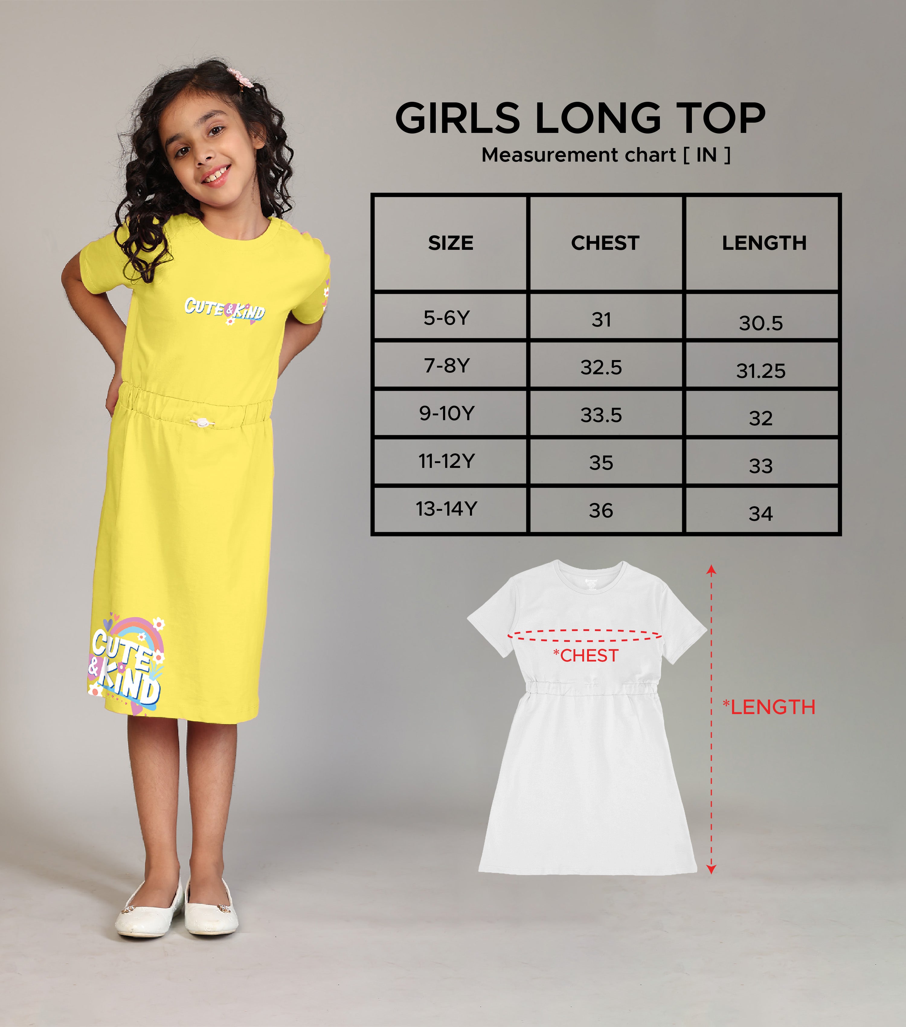 100% Pure Cotton Printed Round Neck Regular fit Short Sleeve Long Top for Girls-Light Yellow