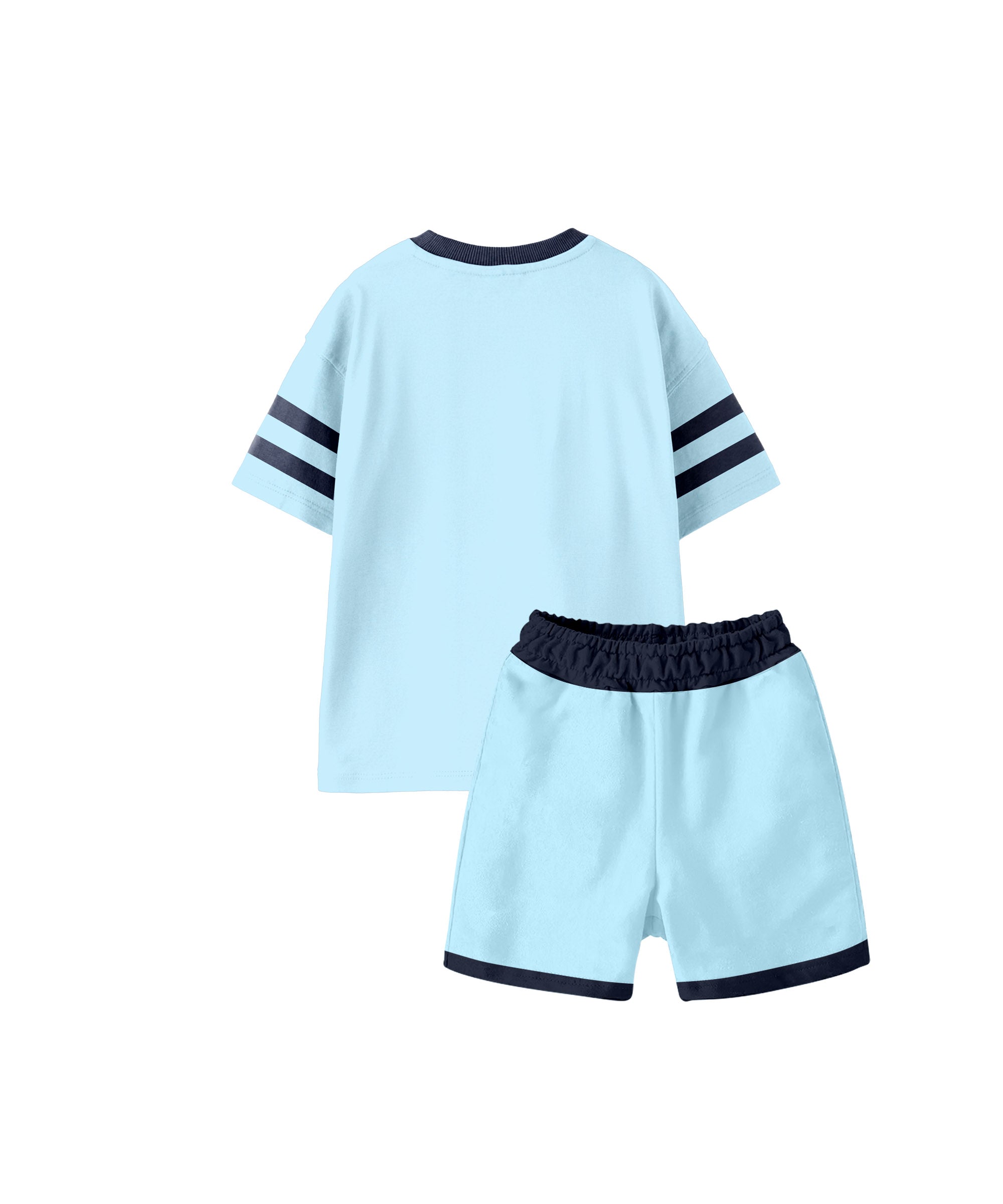 Boy's 100% Pure Cotton Premium Printed Light Blue Raglan Sleeve Tshirt and Shorts Set