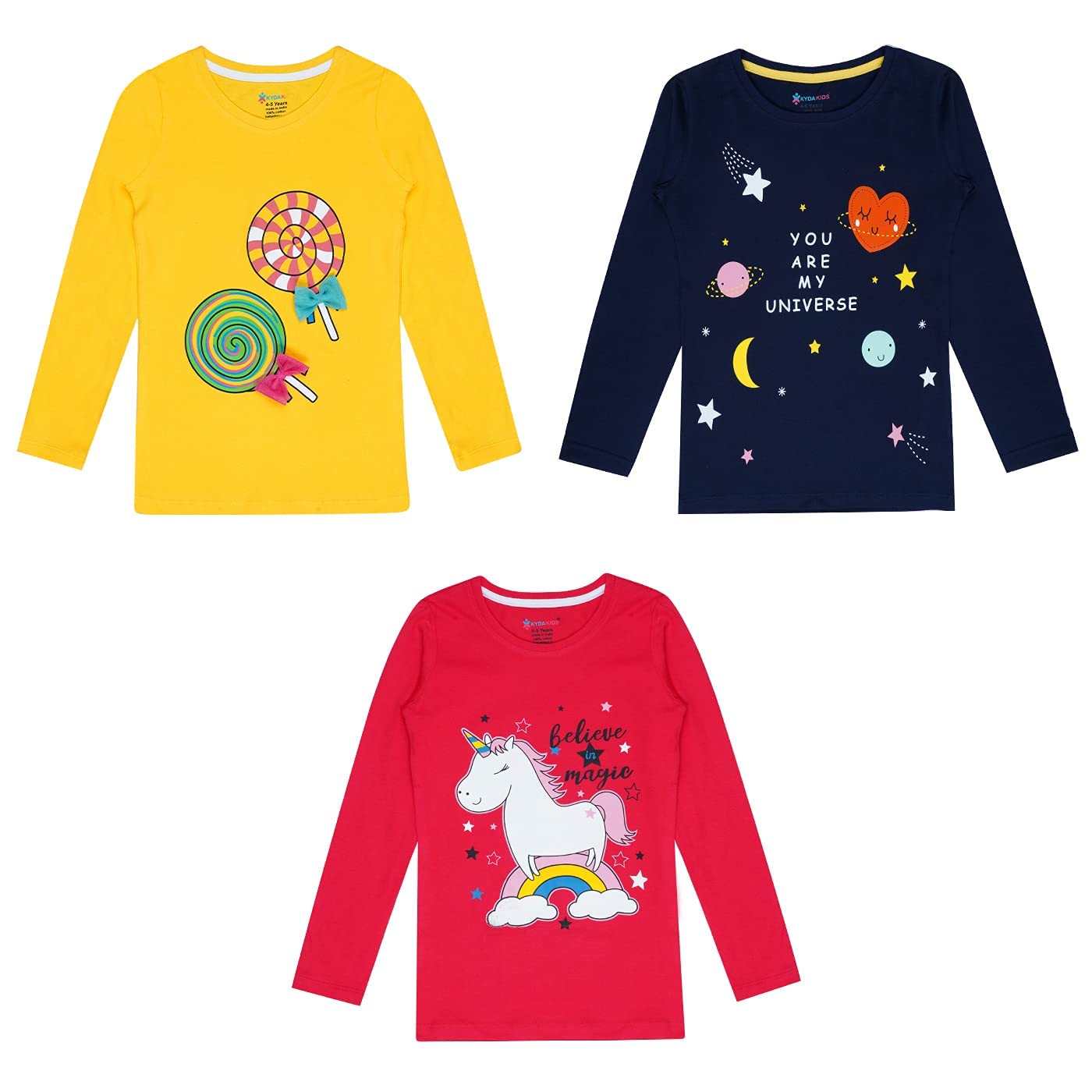 Girls Cotton Printed Full Sleeve T-Shirt - Yellow (Pack of 3)