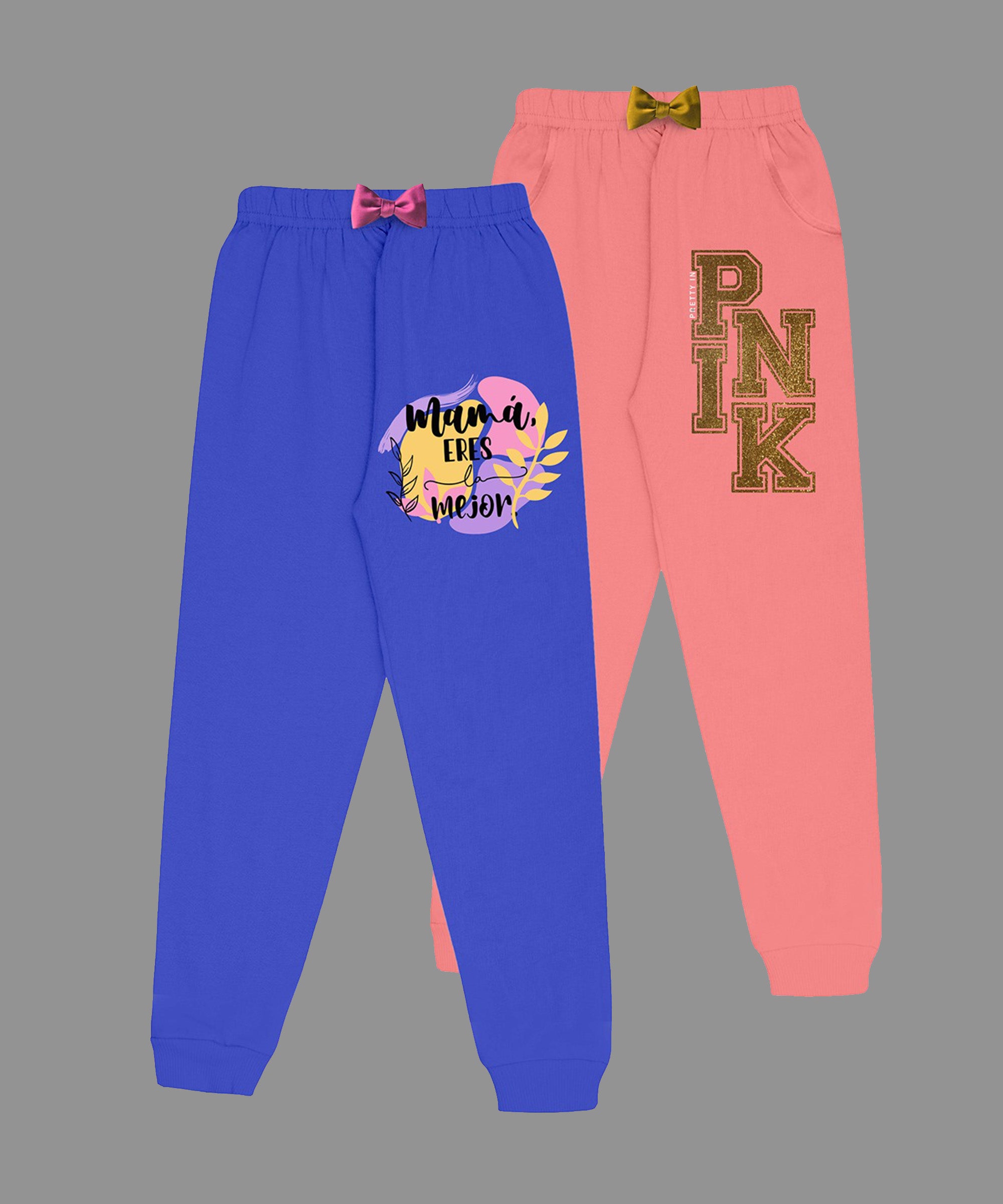 Girls Cotton Printed Track Pants with Pocket C5 - Multicolor (Pack of 2)