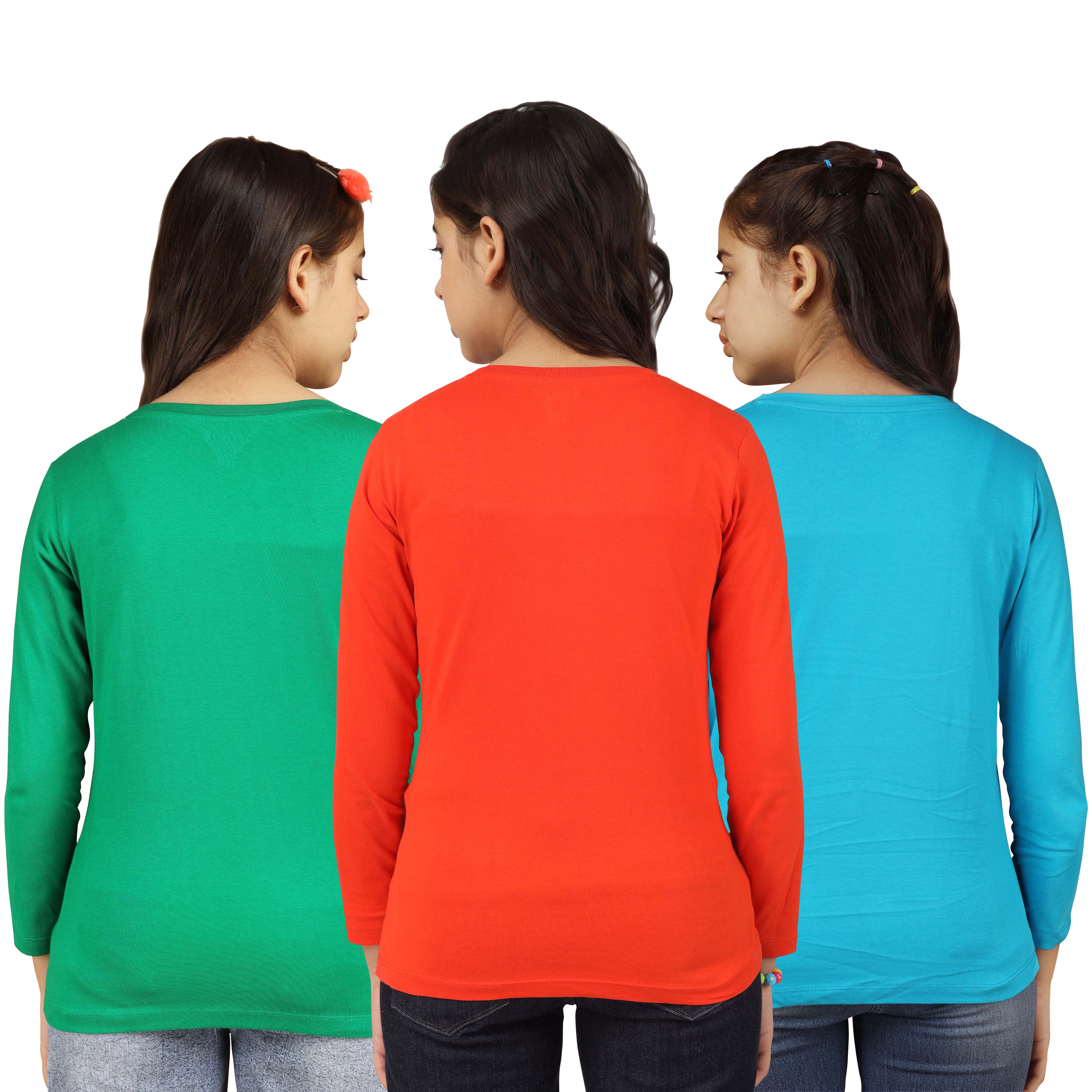 Girls Bio Washed Full Sleeve Cotton T-Shirt - Red (Pack of 3)