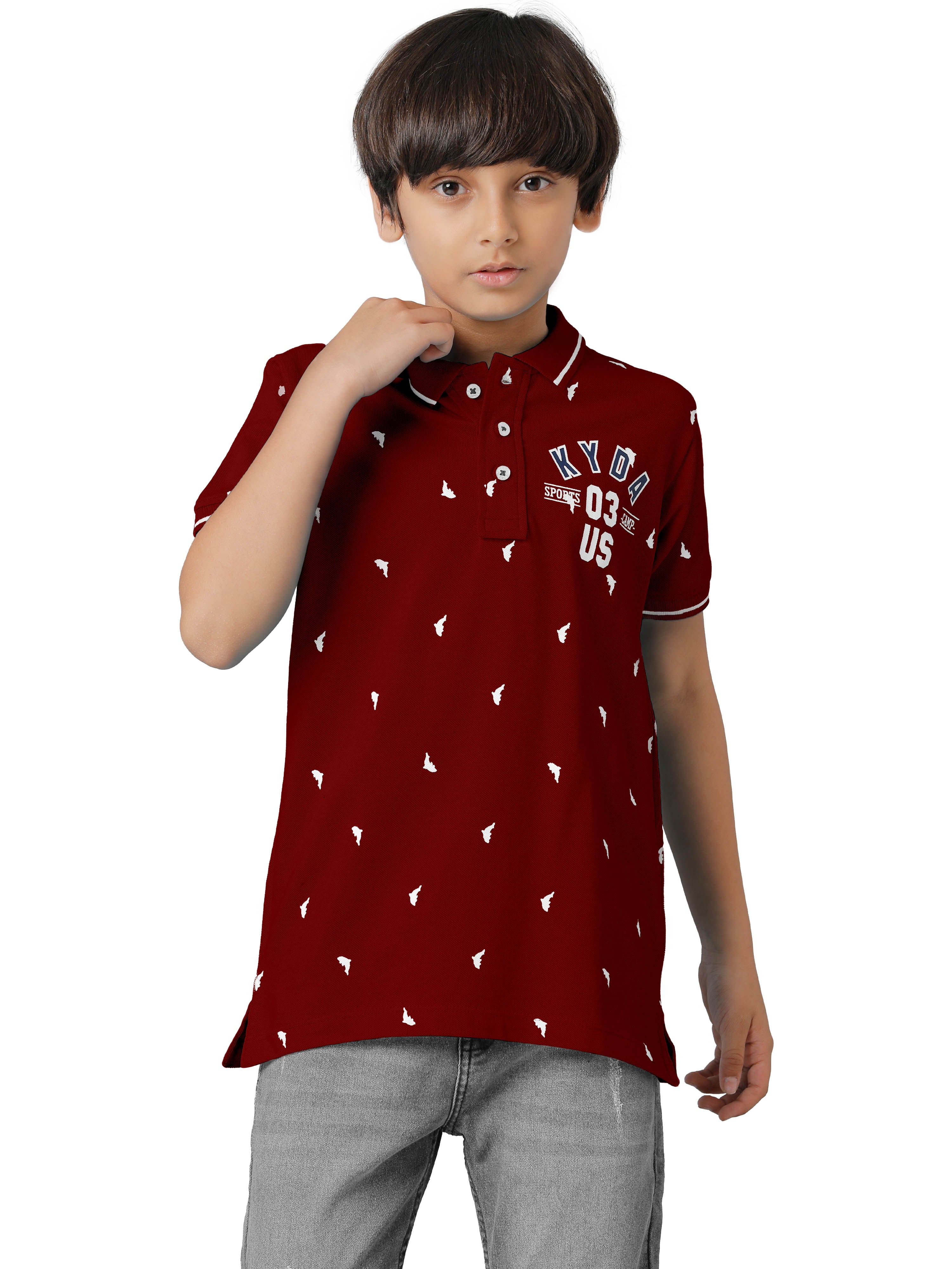 Boys Cotton Printed Regular Fit Polo Maroon T-Shirts