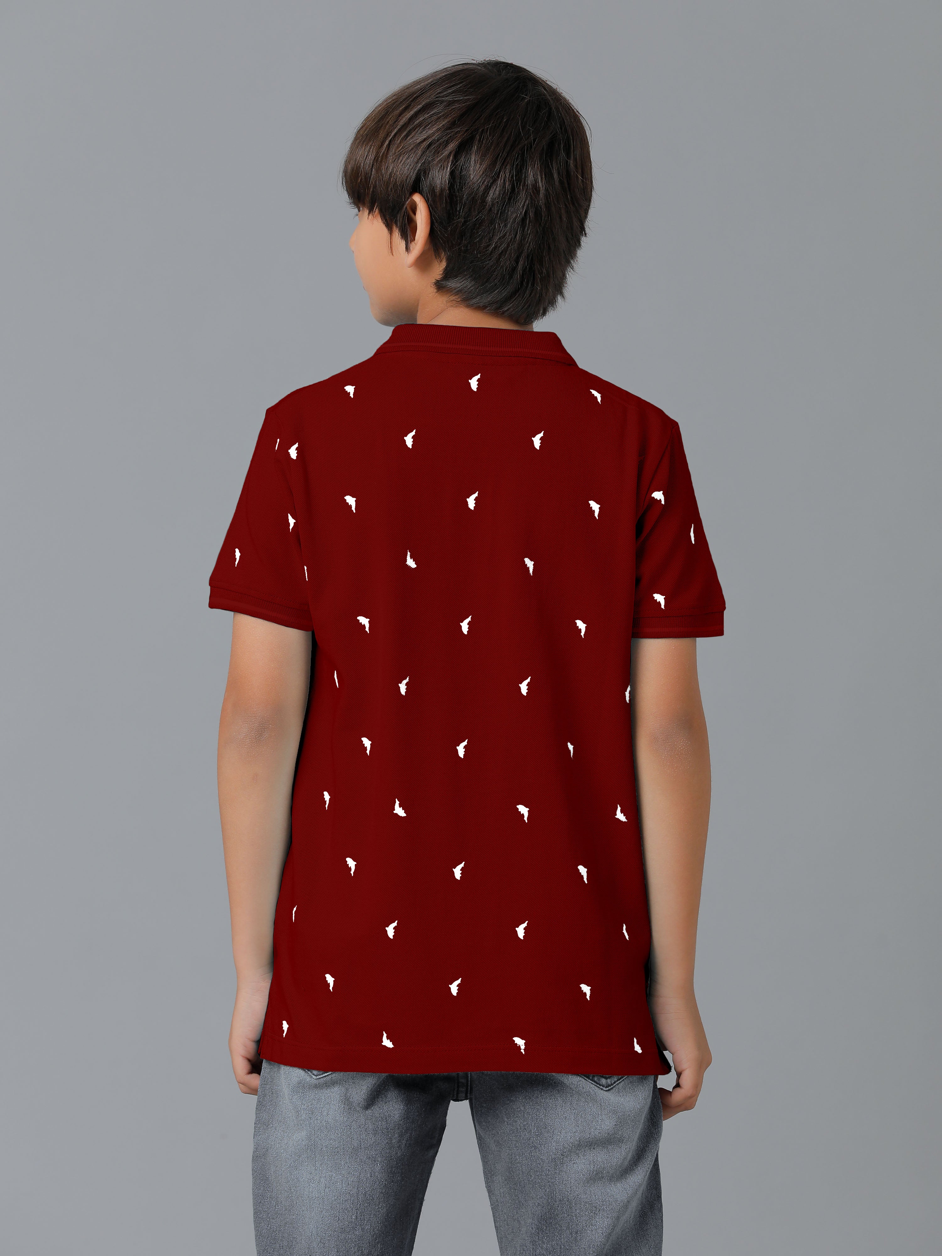 Boys Cotton Printed Regular Fit Polo Maroon T-Shirts