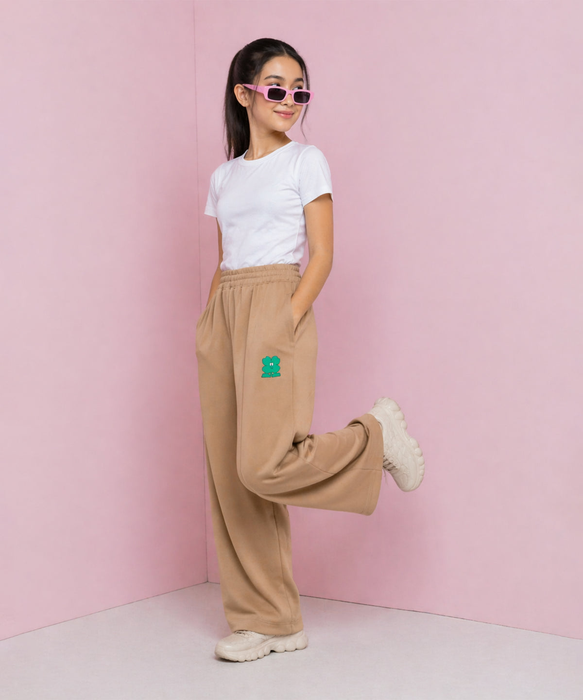 Girls Cotton Premium Solid Wide Leg Track Pants | P1