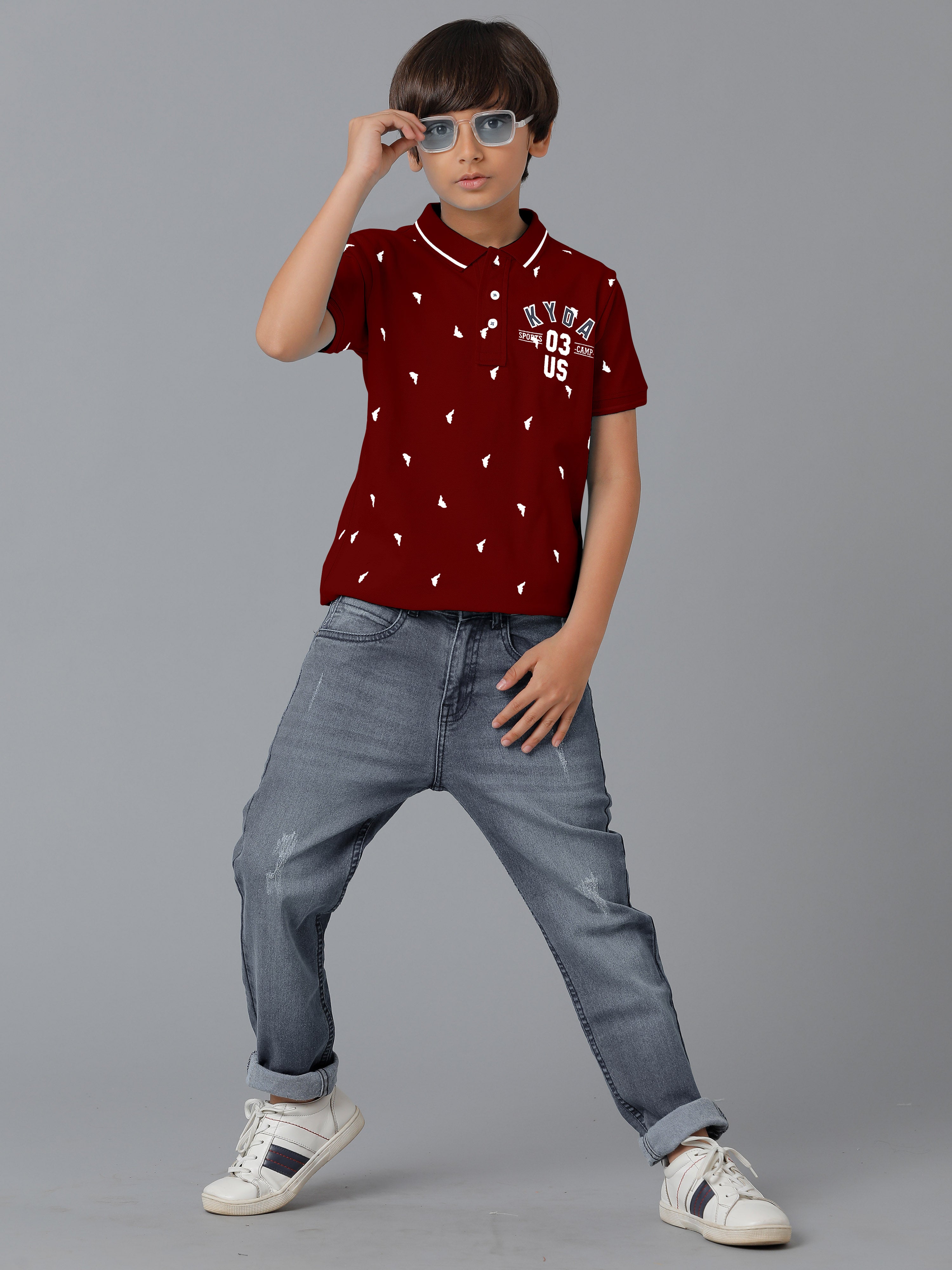 Boys Cotton Printed Regular Fit Polo Maroon T-Shirts