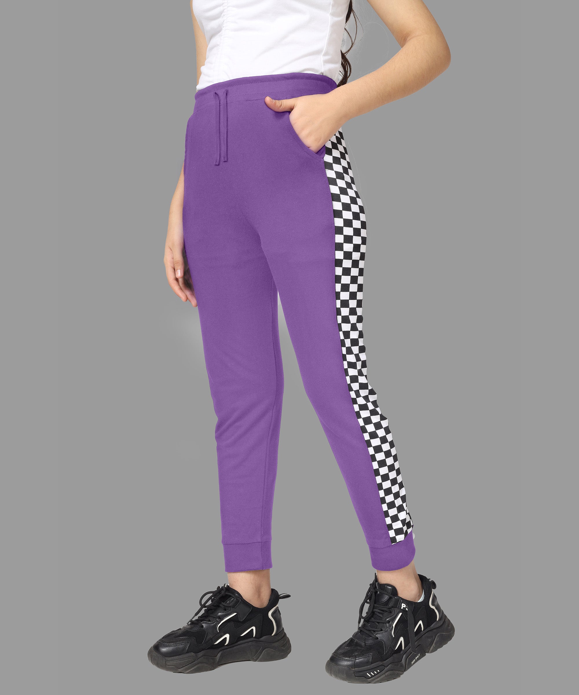 Girls Cotton Printed Track Pants with Pocket - Purple