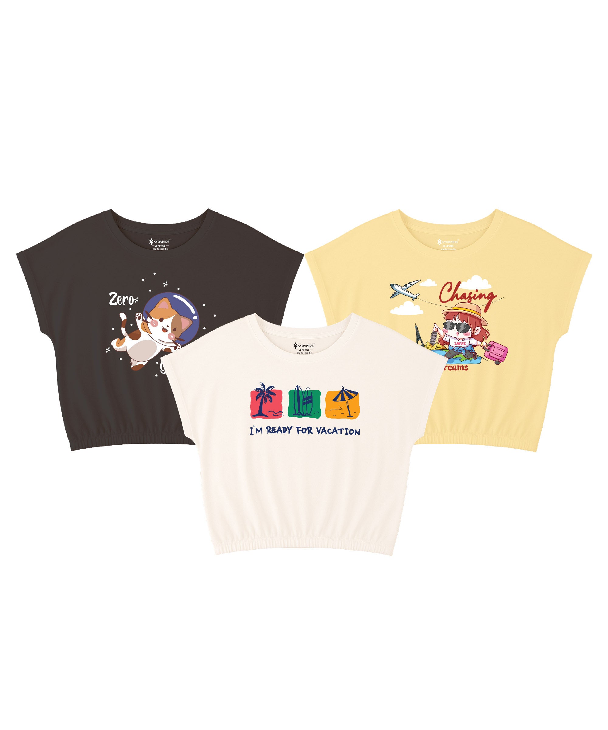 Girls Printed Half Sleeve T-Shirt |  Regular Fit - Pack of 3
