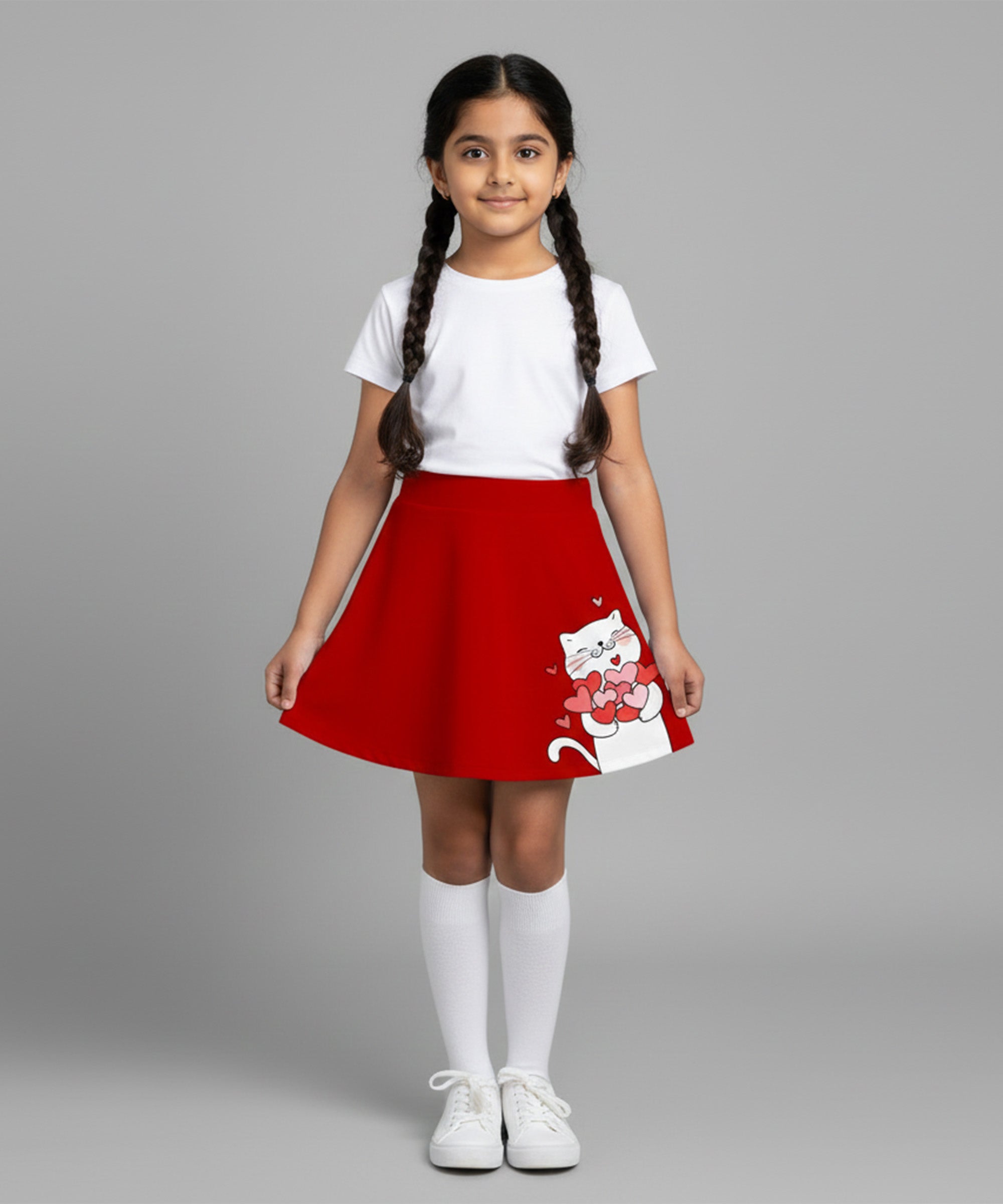 Girls Cotton Printed Skirt Attached With Inner Lycra Shorts-Red