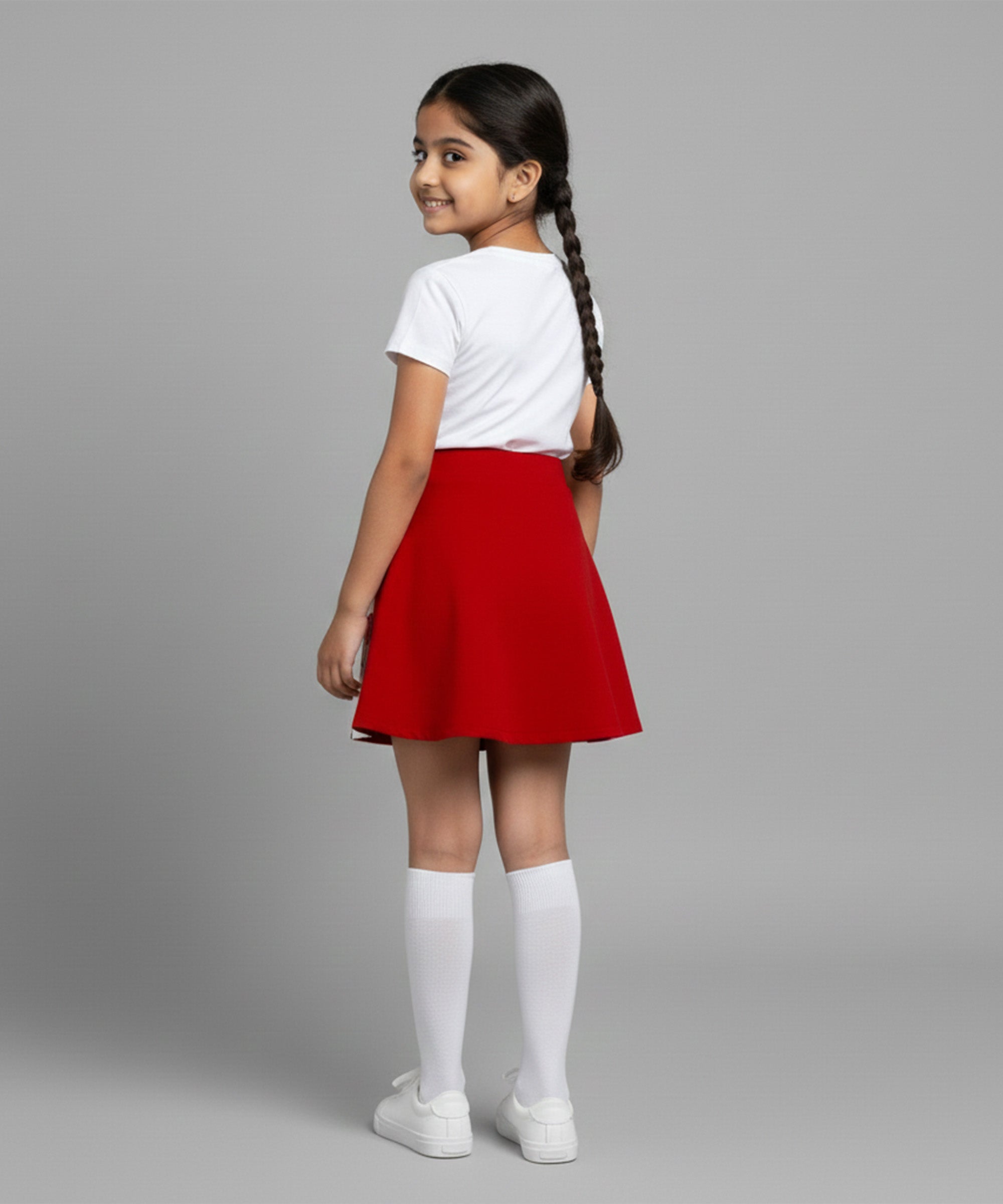 Girls Cotton Printed Skirt Attached With Inner Lycra Shorts-Red