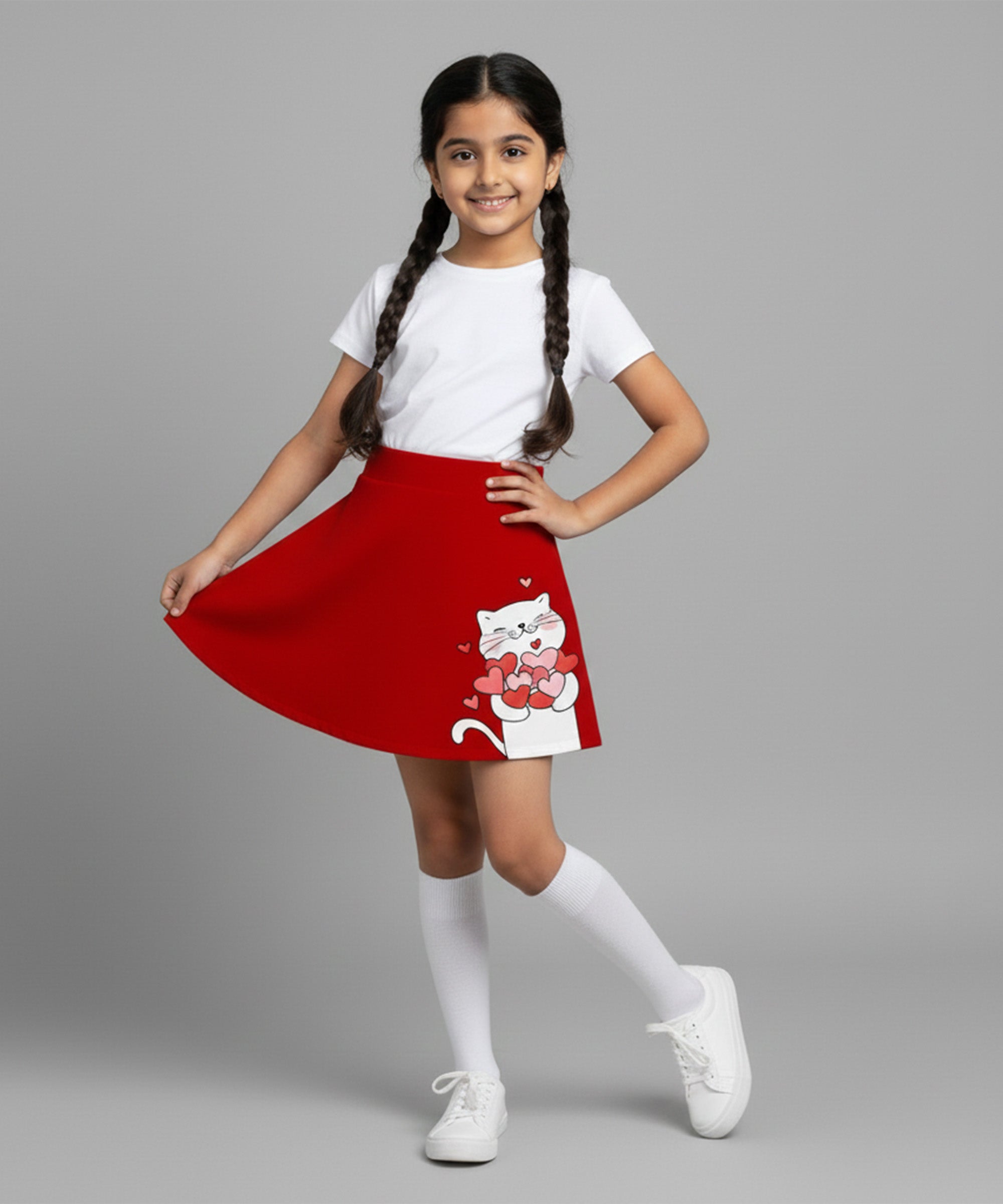 Girls Cotton Printed Skirt Attached With Inner Lycra Shorts-Red