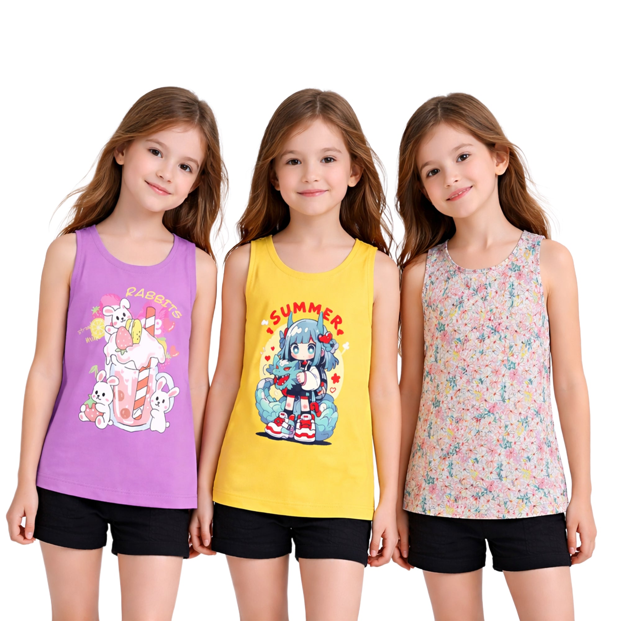 Girls Premium Cotton Printed Sleeveless T-Shirt | Round Neck | Pack of 3