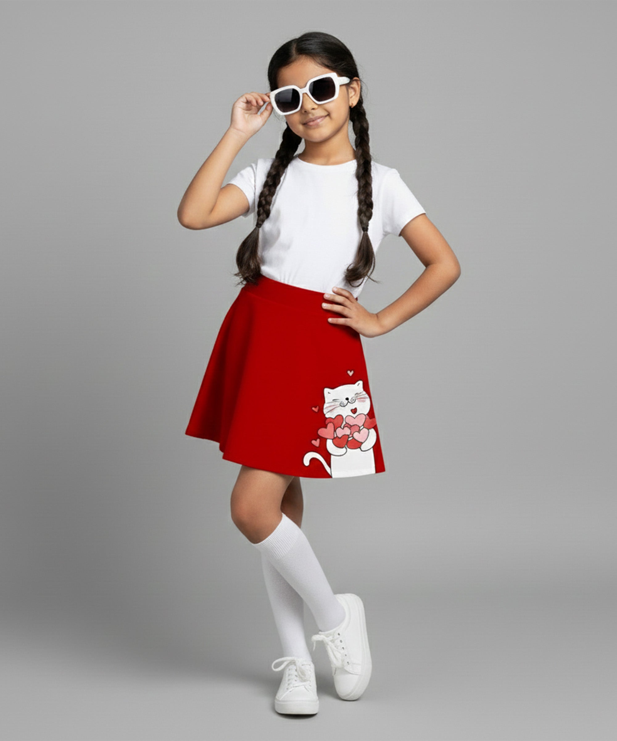 Girls Cotton Printed Skirt Attached With Inner Lycra Shorts-Red
