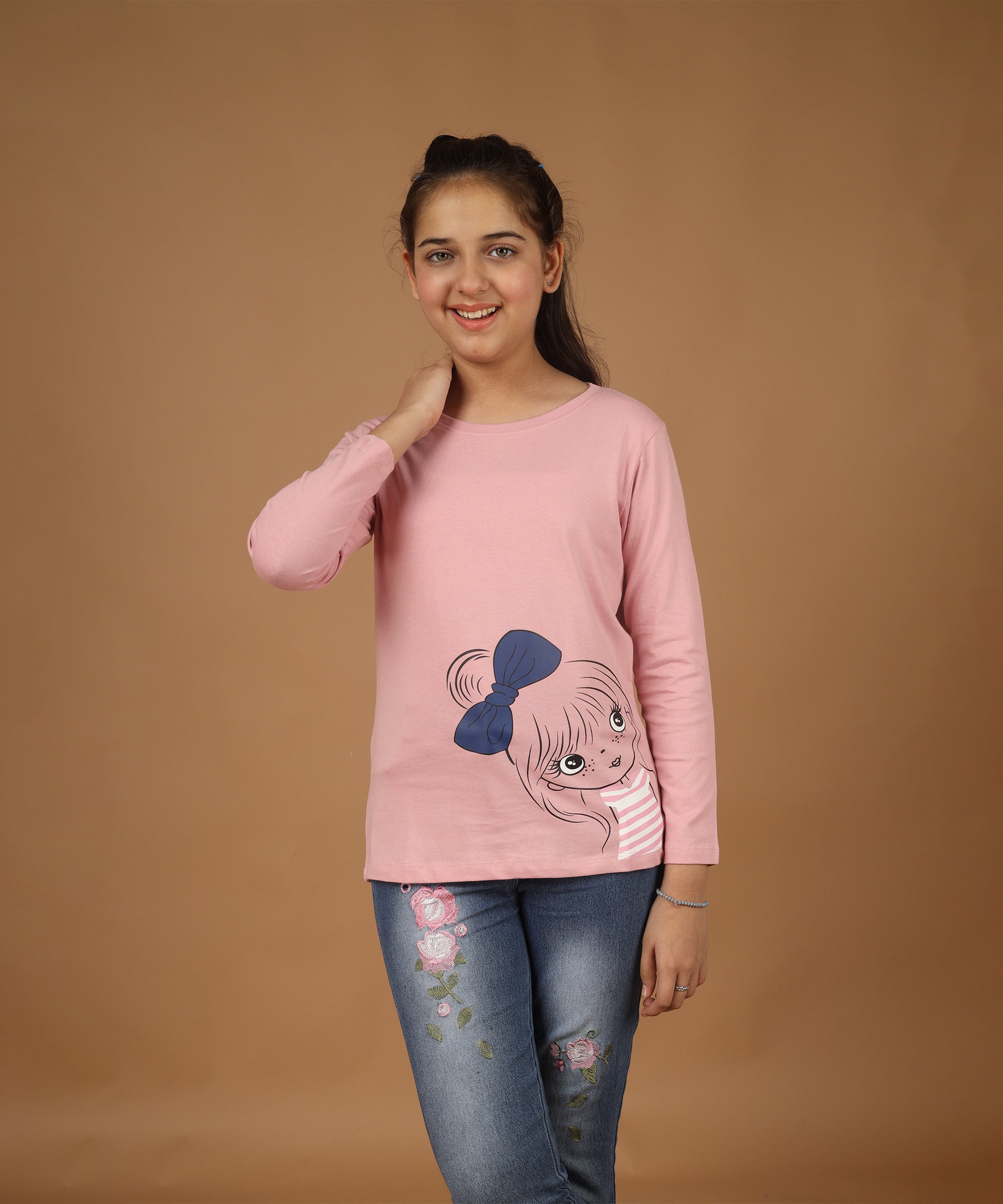 Girls Printed Full Sleeve Premium T-shirt | Pink