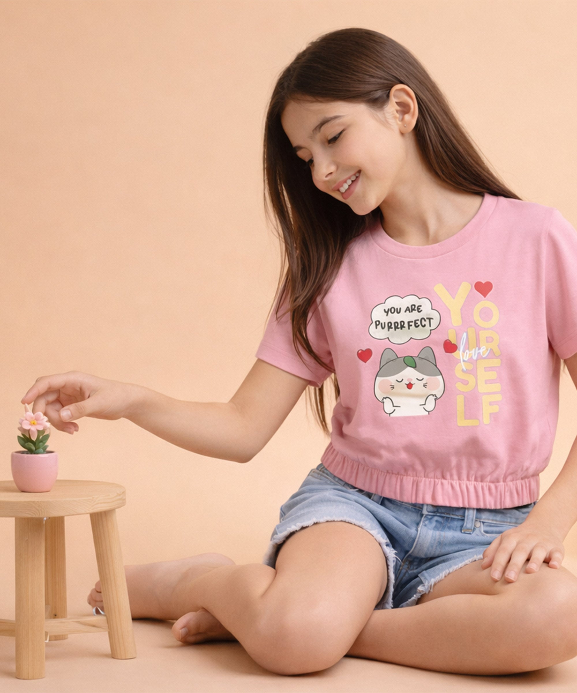 Girls1 00% Pure Cotton Regular fit Short Sleeve Printed Crop top T-Shirt -Combo 1