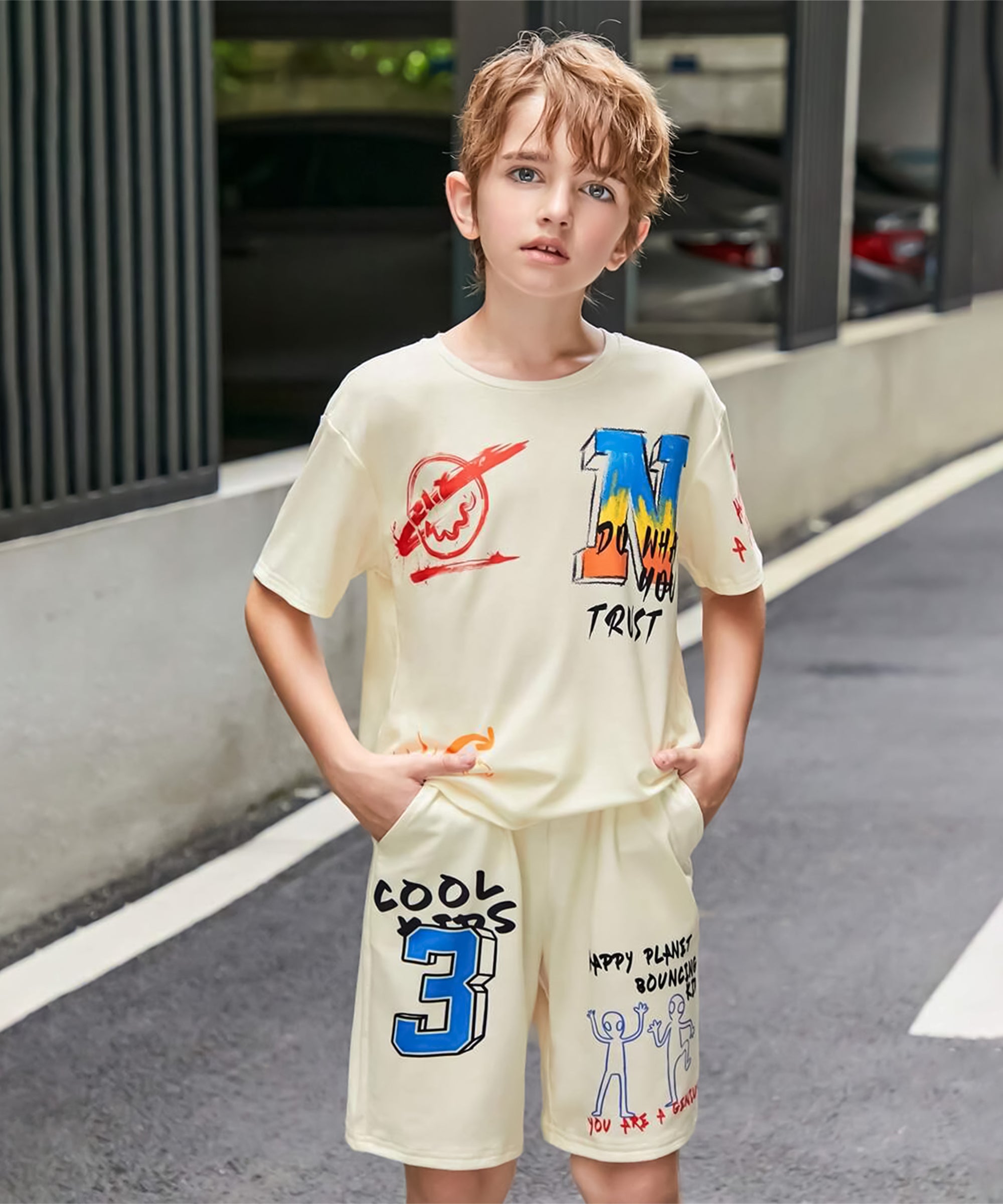 Boy's 100% Pure Cotton Premium Printed Cream Tshirt and Shorts Set