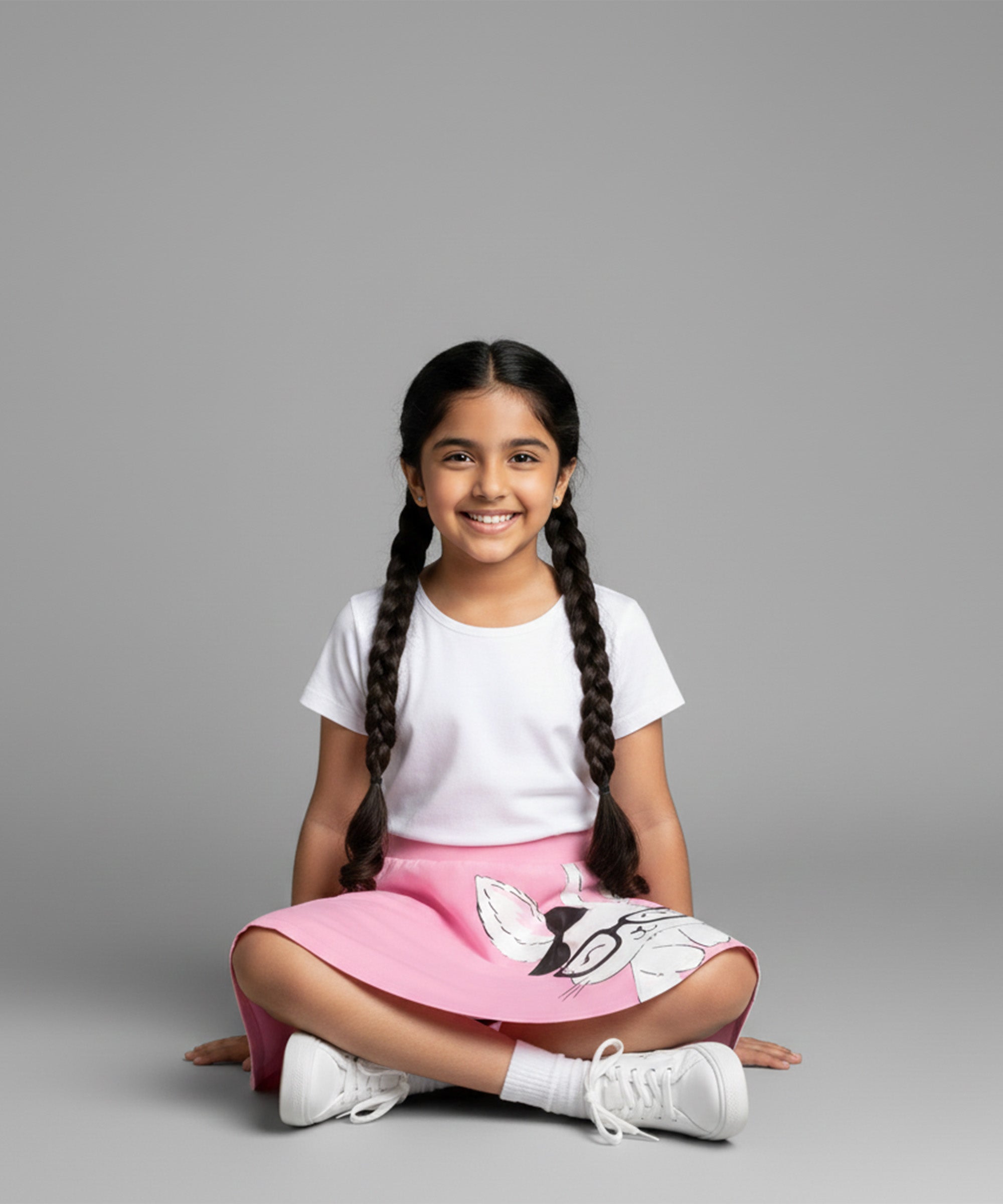 Girls Cotton Printed Skirt Attached With Inner Lycra Shorts-Baby Pink