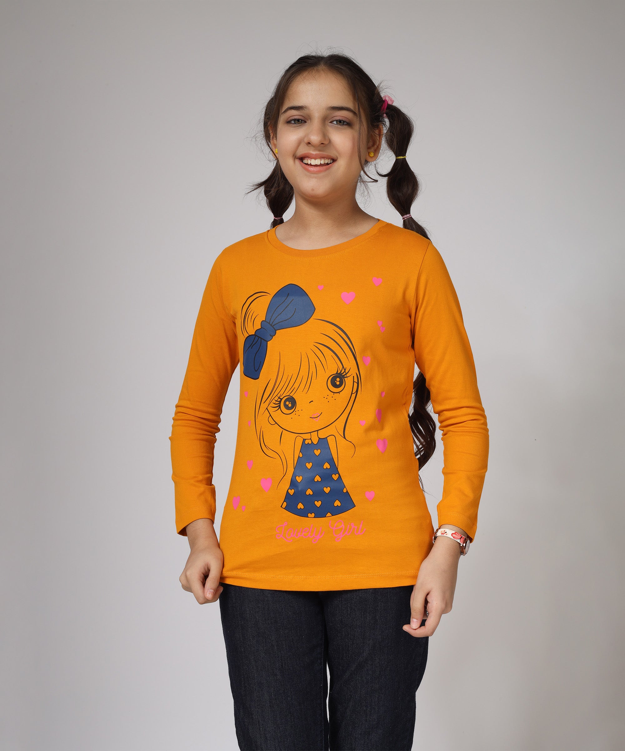 Girls Printed Full Sleeve Premium T-shirt | Orange